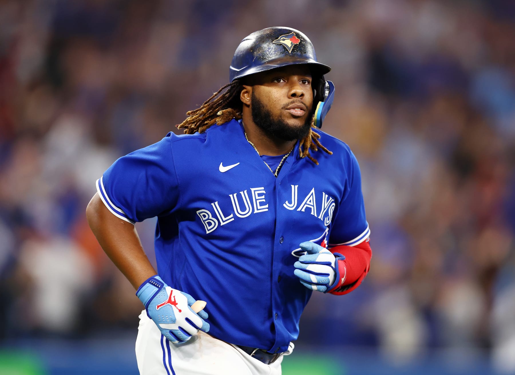 TORONTO, ON - SEPTEMBER 30:  Vladimir Guerrero Jr. #27 of the Toronto Blue Jays runs the bases after hitting a 2 run home run in the third inning against the Boston Red Sox at Rogers Centre on September 30, 2022 in Toronto, Ontario, Canada.  (Photo by Vaughn Ridley/Getty Images)