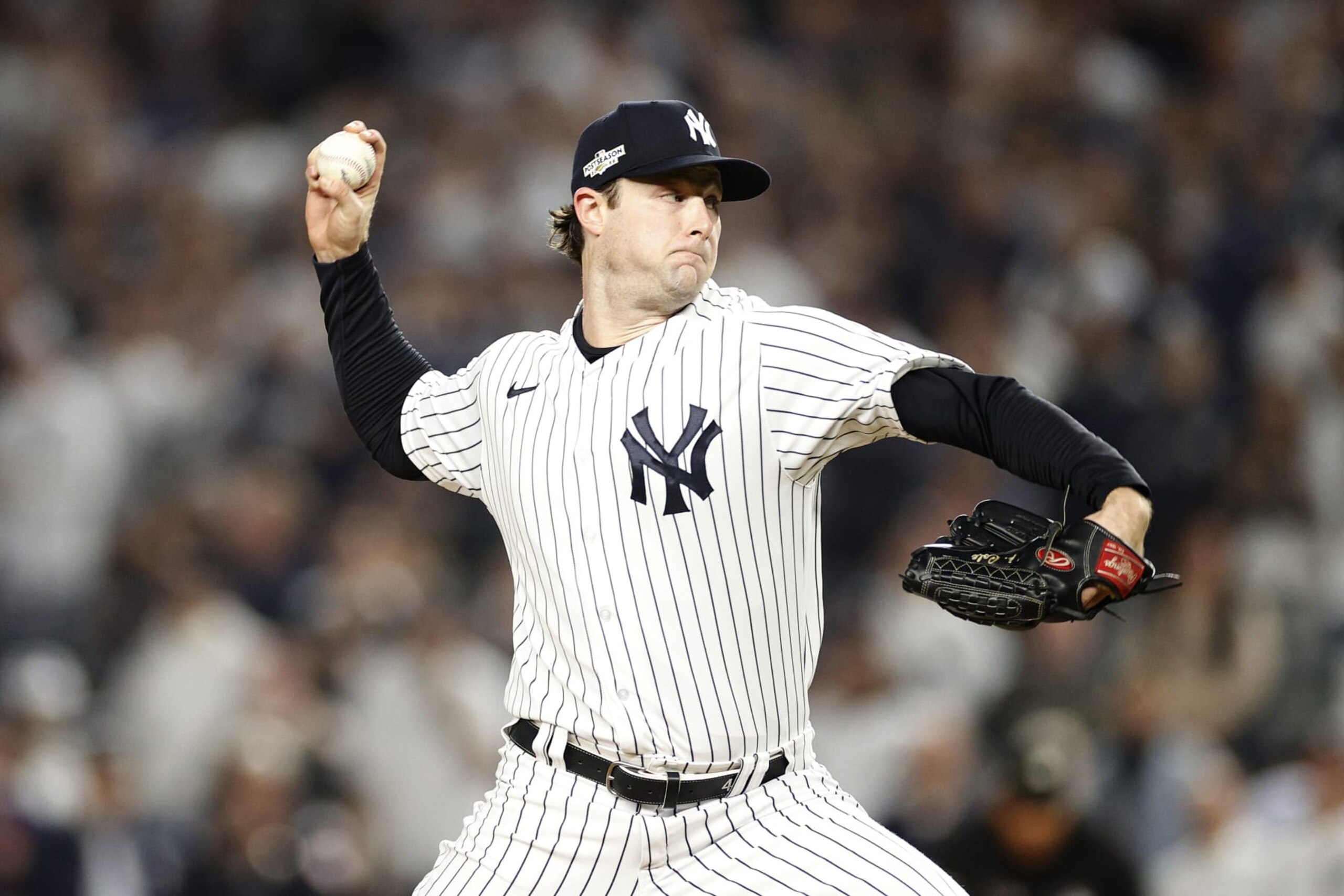 NEW YORK, NEW YORK - OCTOBER 11: Gerrit Cole #45 of the New York Yankees throws a pitch against the Cleveland Guardians during the first inning in game one of the American League Division Series at Yankee Stadium on October 11, 2022 in New York, New York. (Photo by Sarah Stier/Getty Images)