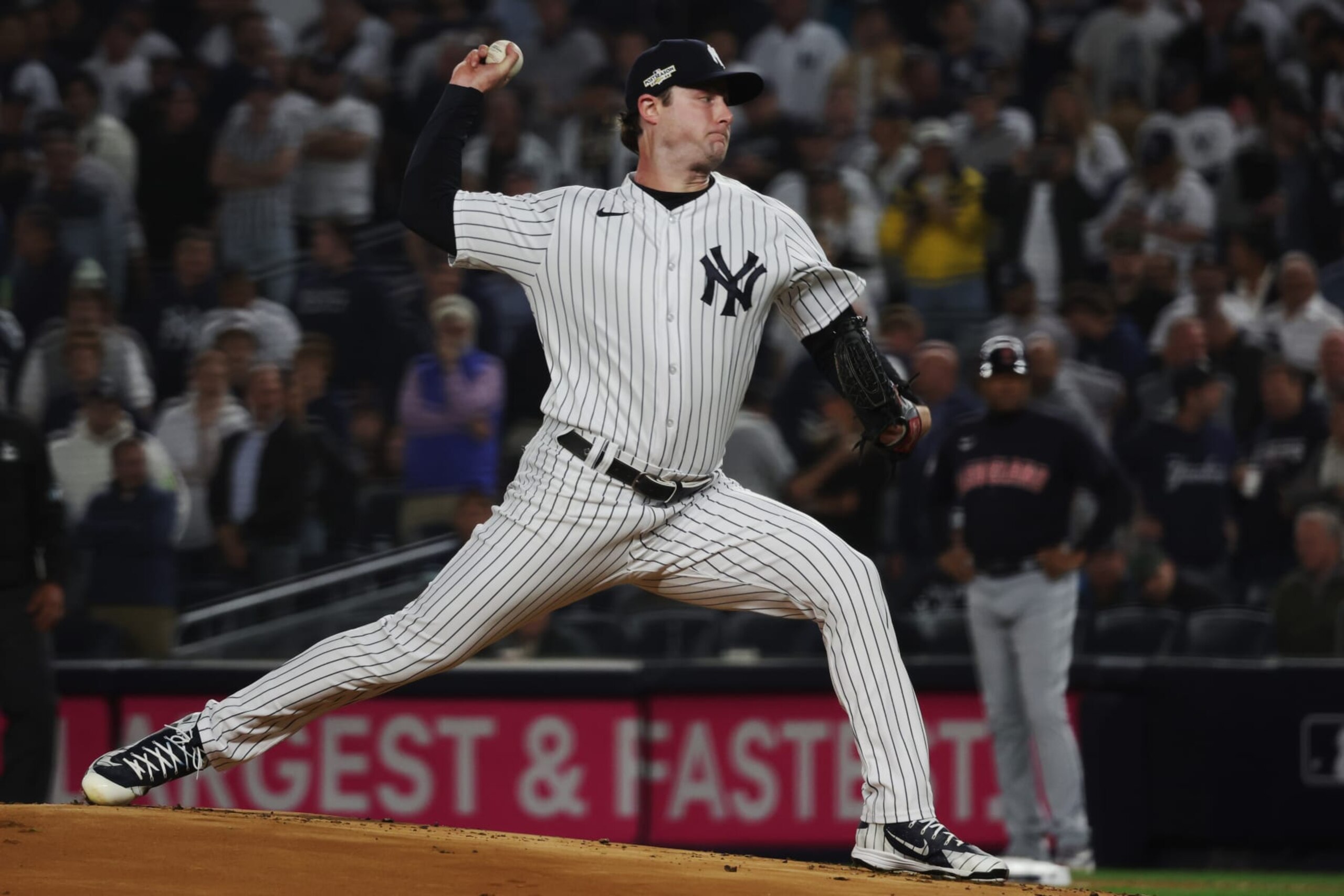 NEW YORK, NY - OCTOBER 11: Gerrit Cole #45 of the New York Yankees pitches in the first inning during the game between the Cleveland Guardians and the New York Yankees at Yankee Stadium on Tuesday, October 11, 2022 in New York, New York. (Photo by Mary DeCicco/MLB Photos via Getty Images)