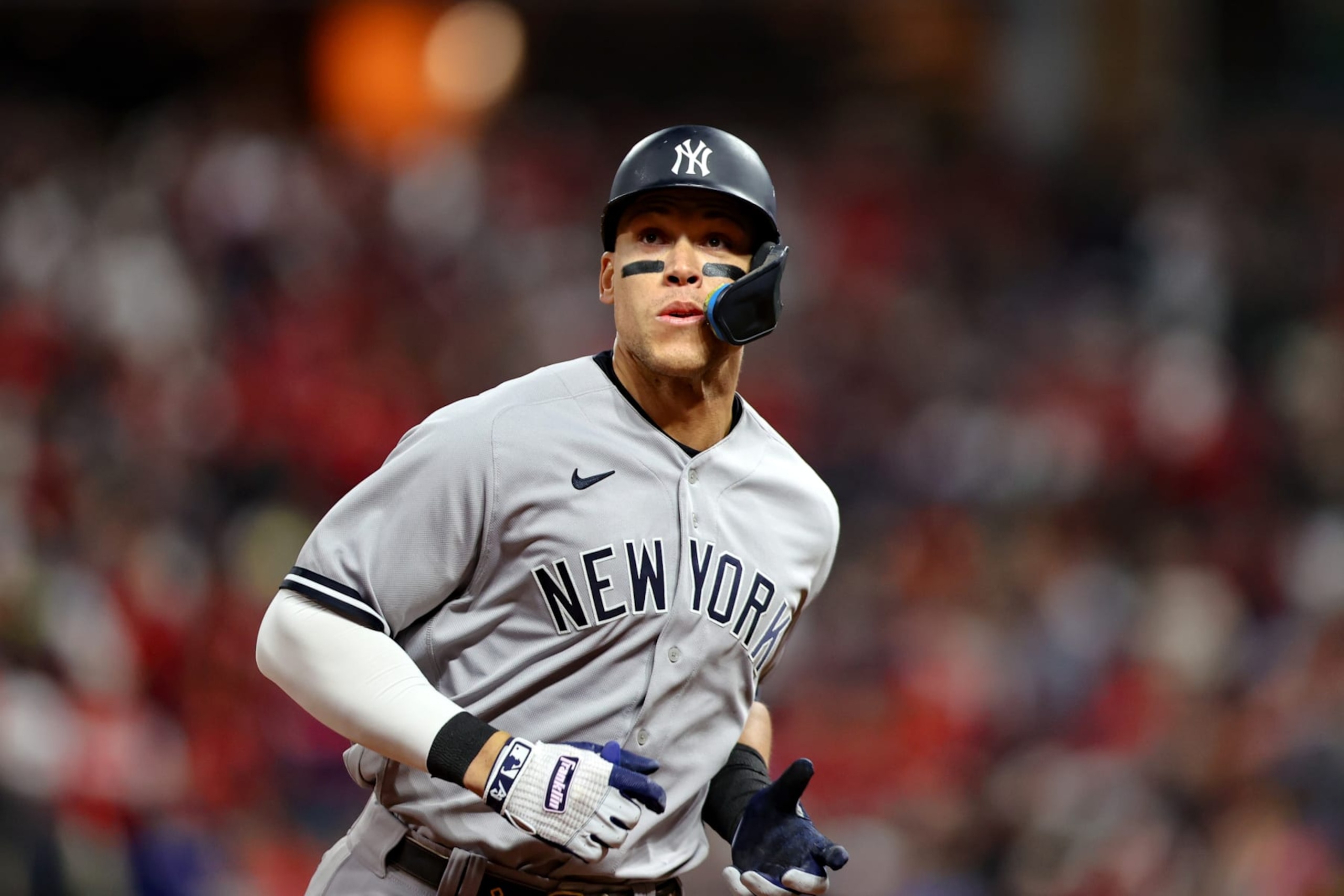 CLEVELAND, OH - OCTOBER 15: New York Yankees right fielder Aaron Judge (99) rounds the bases after hitting a 2-run home run during the third inning of the Major League Baseball ALDS Game 3 between the New York Yankees and Cleveland Guardians on October 15, 2022, at Progressive Field in Cleveland, OH. (Photo by Frank Jansky/Icon Sportswire via Getty Images)