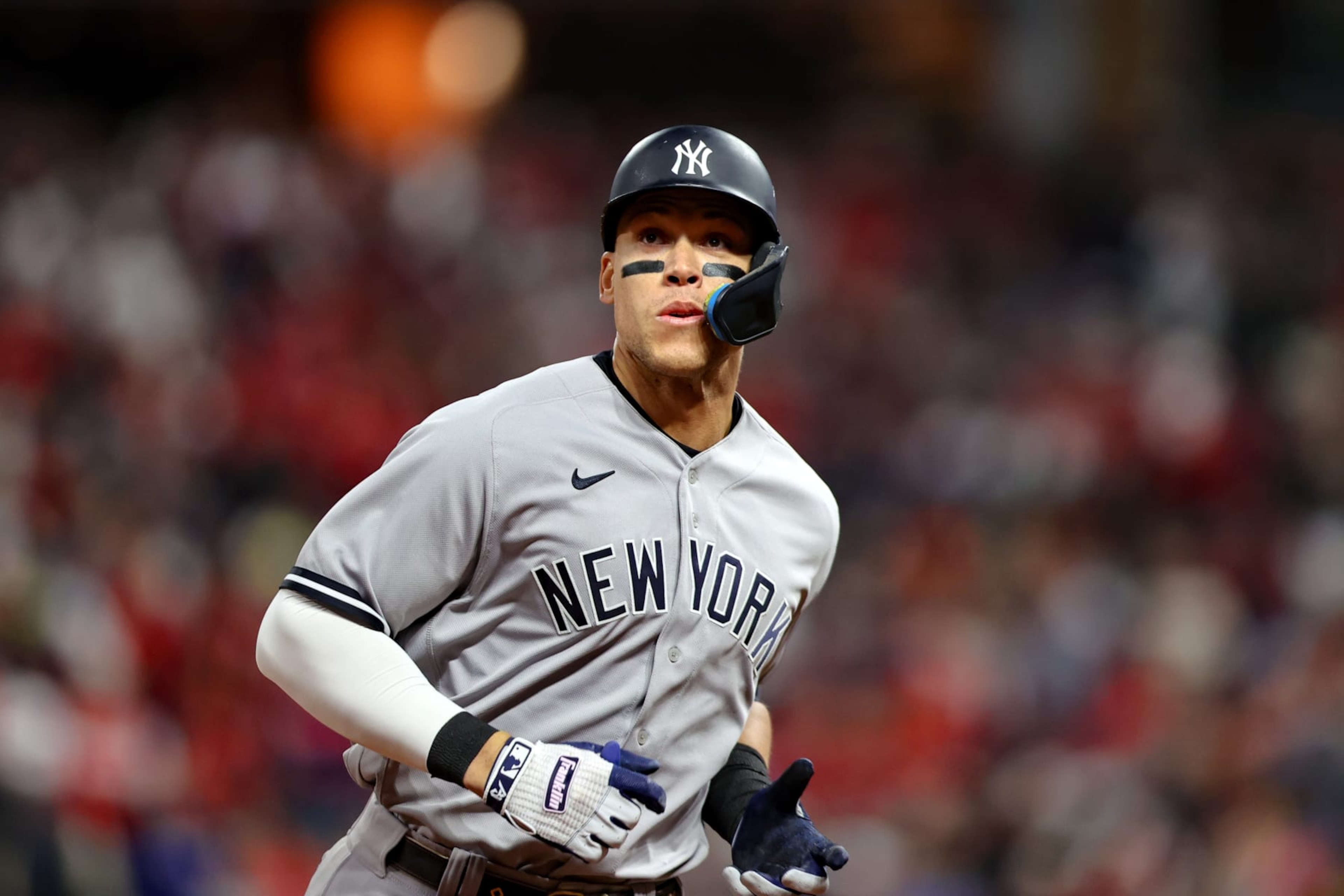 CLEVELAND, OH - OCTOBER 15: New York Yankees right fielder Aaron Judge (99) rounds the bases after hitting a 2-run home run during the third inning of the Major League Baseball ALDS Game 3 between the New York Yankees and Cleveland Guardians on October 15, 2022, at Progressive Field in Cleveland, OH. (Photo by Frank Jansky/Icon Sportswire via Getty Images)