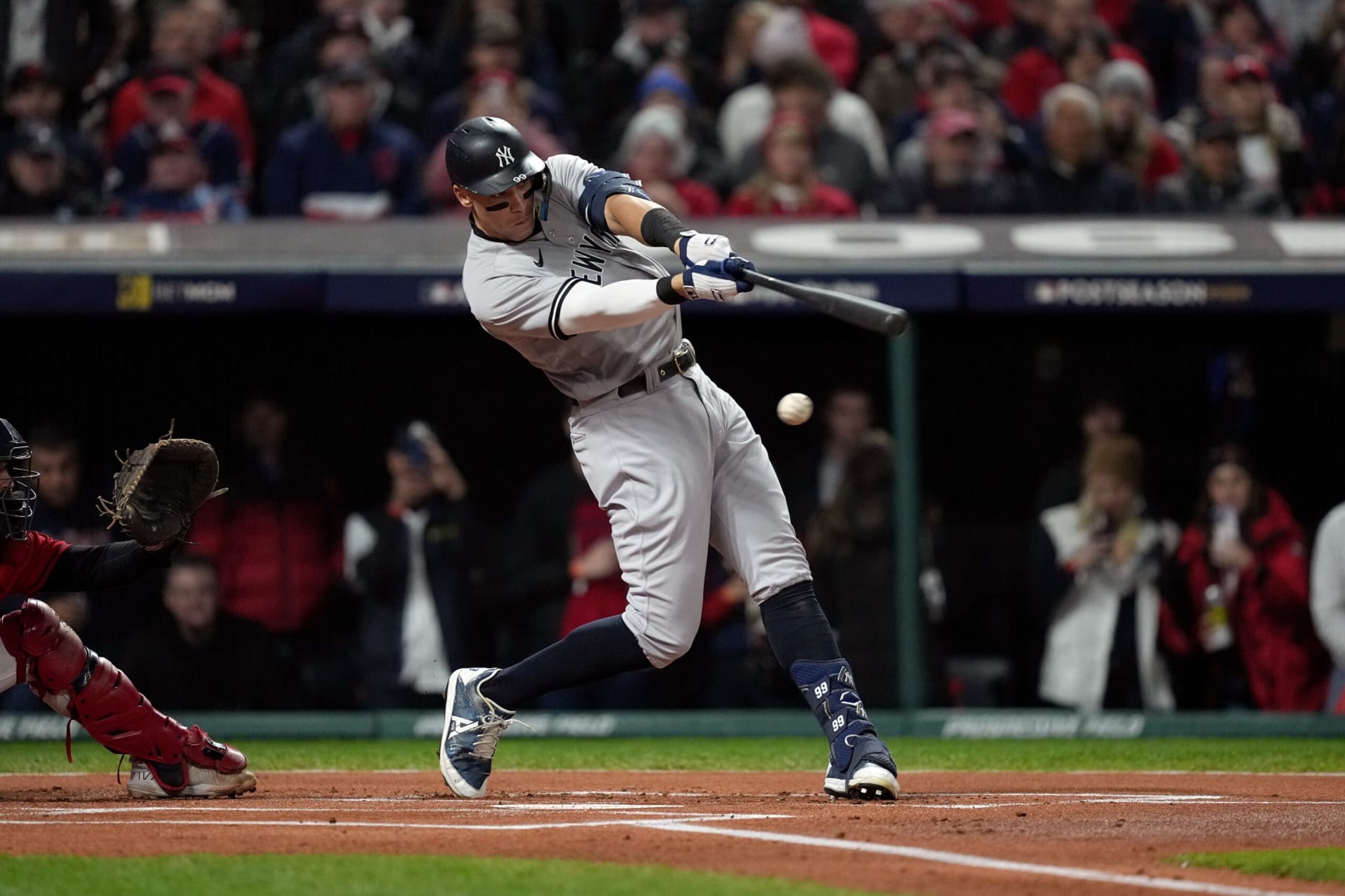 CLEVELAND, OHIO - OCTOBER 15: Aaron Judge #99 of the New York Yankees strikes out against the Cleveland Guardians during the first inning in game three of the American League Division Series at Progressive Field on October 15, 2022 in Cleveland, Ohio. (Photo by Dylan Buell/Getty Images)