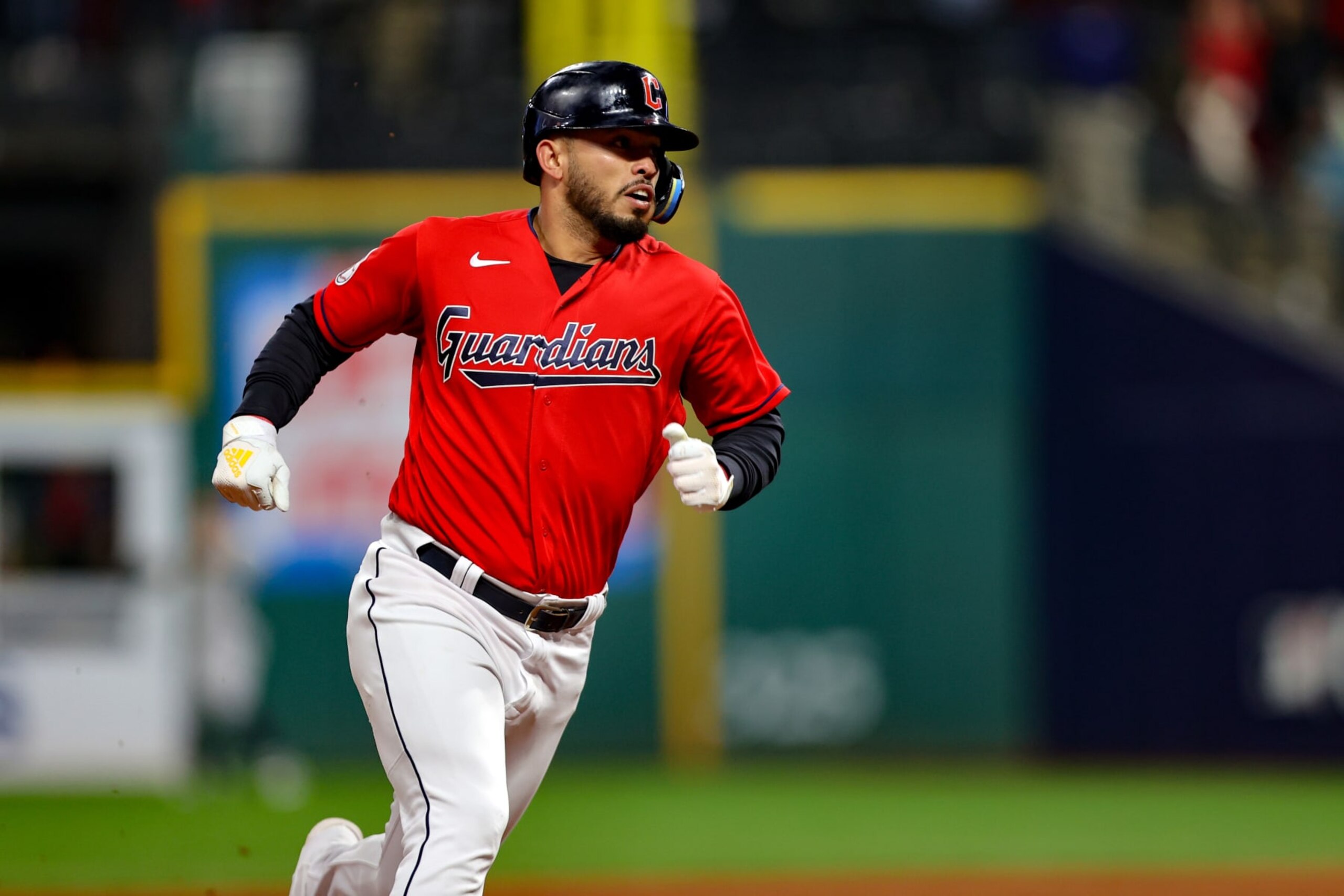 CLEVELAND, OH - OCTOBER 15: Cleveland Guardians first baseman Gabriel Arias (8) advances from first to third base on a single during the sixth inning of the Major League Baseball ALDS Game 3 between the New York Yankees and Cleveland Guardians on October 15, 2022, at Progressive Field in Cleveland, OH. (Photo by Frank Jansky/Icon Sportswire via Getty Images)
