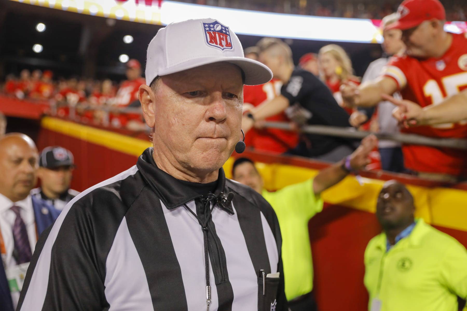 KANSAS CITY, MO - OCTOBER 10: Referee Carl Cheffers #51 returns to the field after halftime to boos from the Kansas City Chiefs fans after a roughing the passer call during the second quarter of the game against the Las Vegas Raiders at Arrowhead Stadium on October 10, 2022 in Kansas City, Missouri. (Photo by David Eulitt/Getty Images)