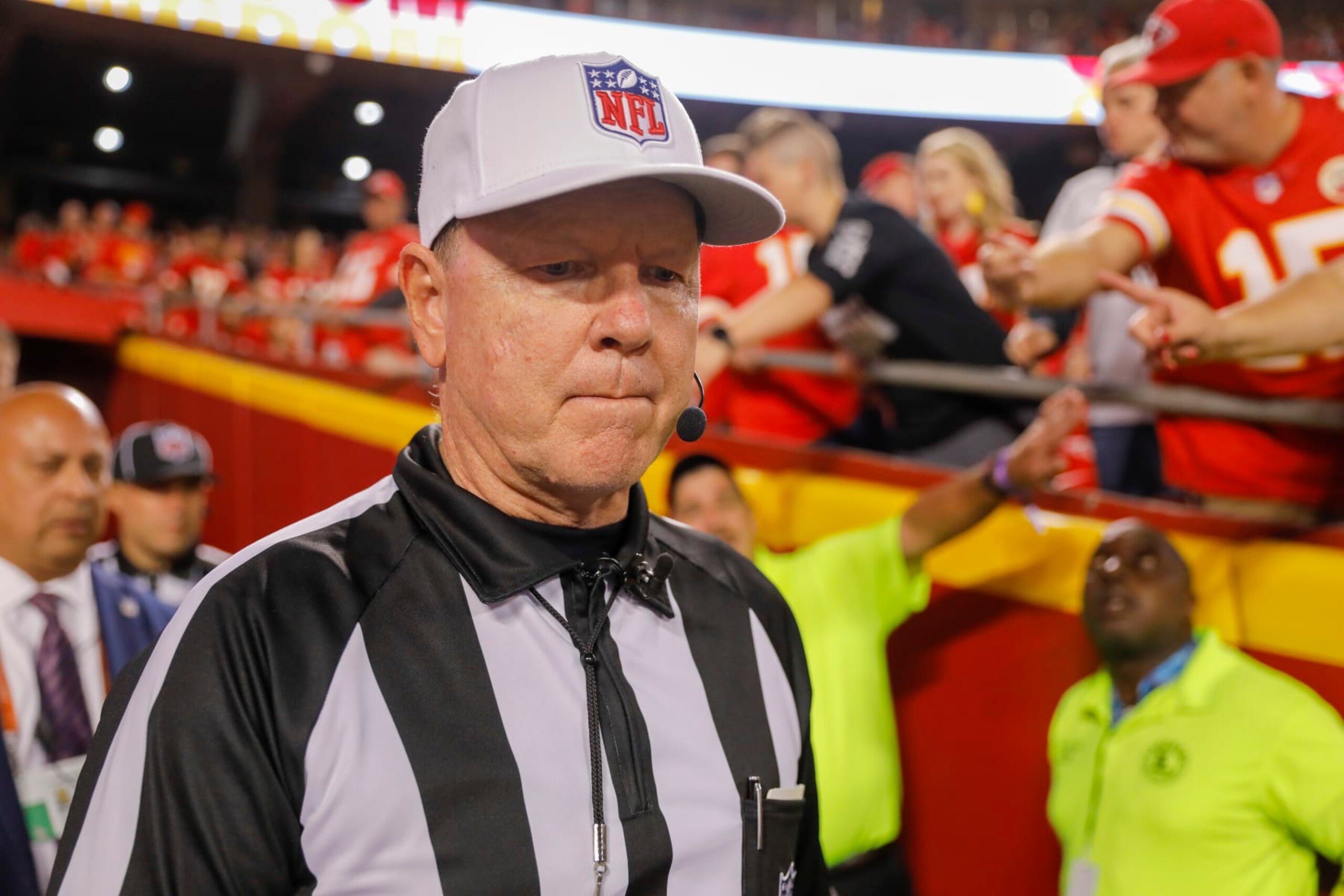 KANSAS CITY, MO - OCTOBER 10: Referee Carl Cheffers #51 returns to the field after halftime to boos from the Kansas City Chiefs fans after a roughing the passer call during the second quarter of the game against the Las Vegas Raiders at Arrowhead Stadium on October 10, 2022 in Kansas City, Missouri. (Photo by David Eulitt/Getty Images)