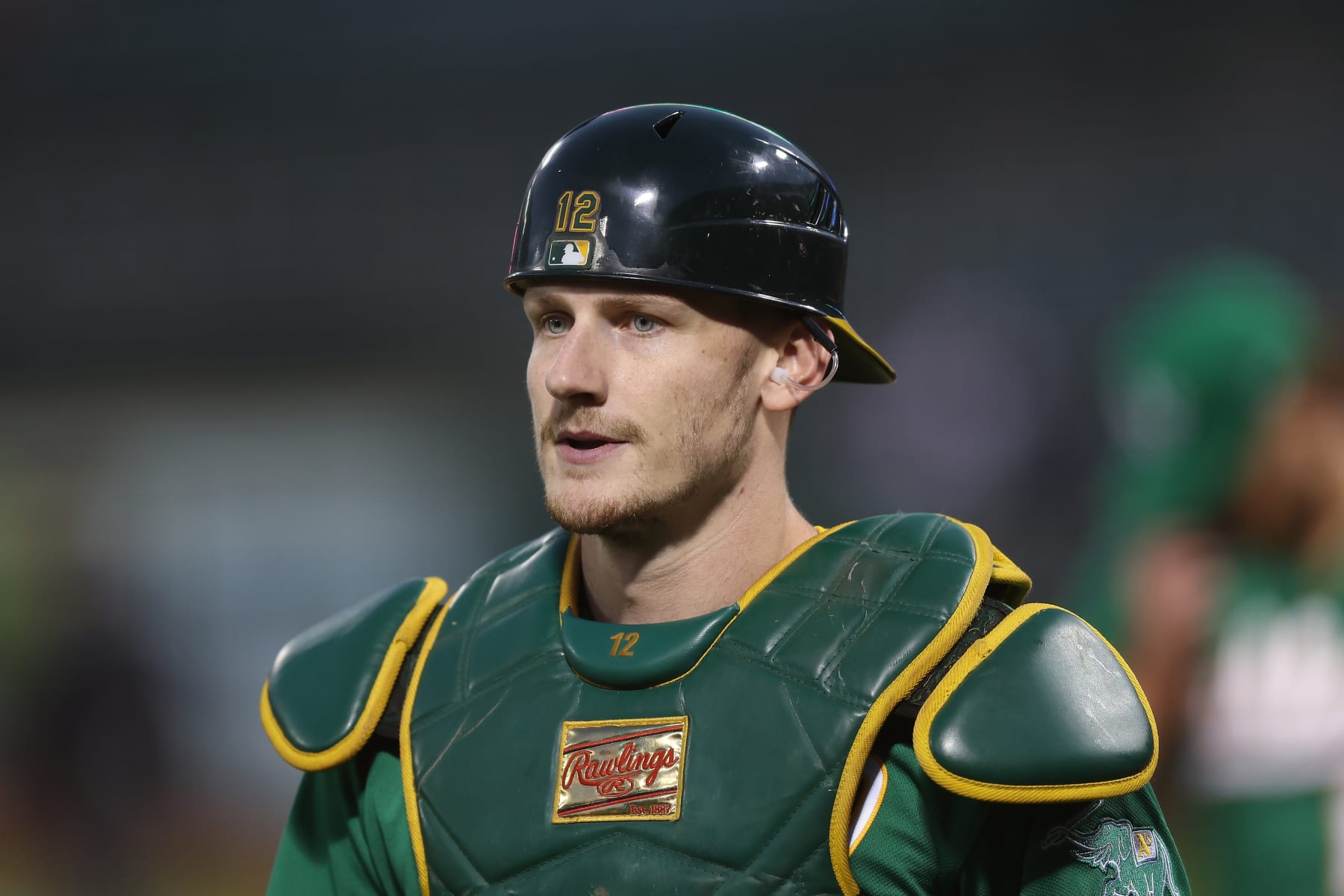 OAKLAND, CALIFORNIA - OCTOBER 04: Catcher Sean Murphy #12 of the Oakland Athletics looks on against the Los Angeles Angels at RingCentral Coliseum on October 04, 2022 in Oakland, California. (Photo by Lachlan Cunningham/Getty Images)