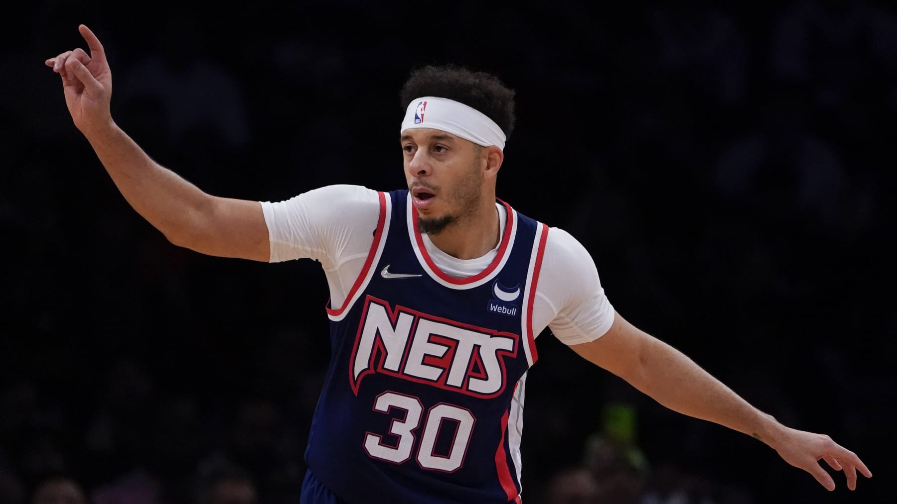 Brooklyn Nets guard Seth Curry (30) runs up the court during the first half of Game 4 of an NBA basketball first-round playoff series against the Boston Celtics, Monday, April 25, 2022, in New York. (AP Photo/John Minchillo)