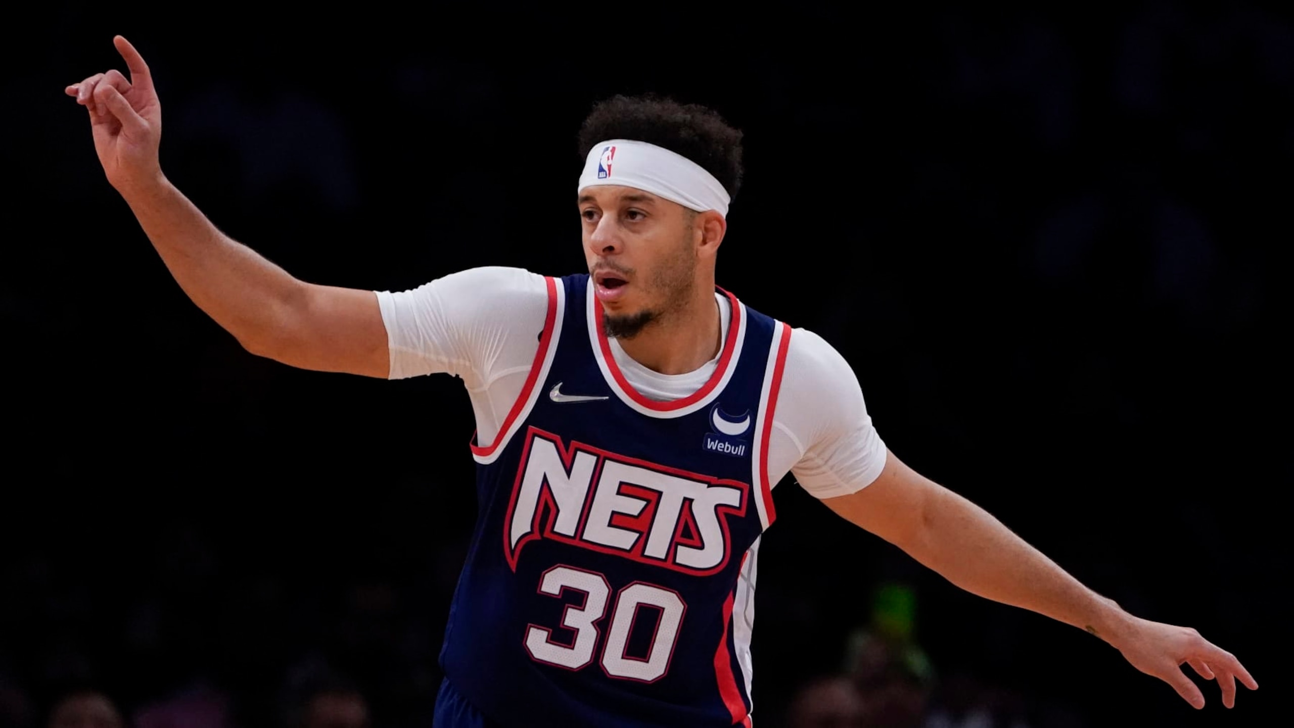 Brooklyn Nets guard Seth Curry (30) runs up the court during the first half of Game 4 of an NBA basketball first-round playoff series against the Boston Celtics, Monday, April 25, 2022, in New York. (AP Photo/John Minchillo)
