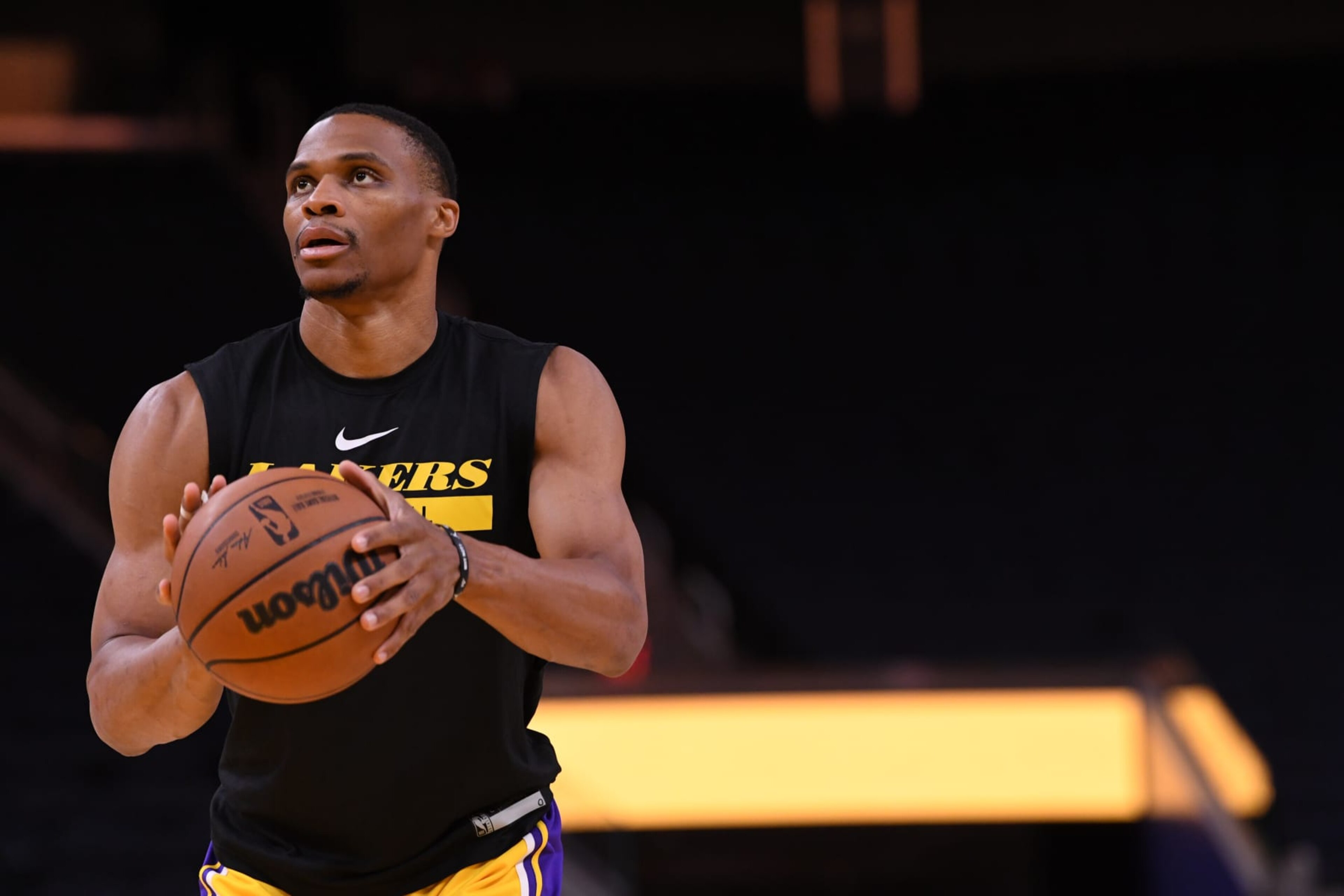 SAN FRANCISCO, CA - OCTOBER 9: Russell Westbrook of the Los Angeles Lakers warms up before the game against the Golden State Warriors on October 9, 2022 at Chase Center in San Francisco, California. NOTE TO USER: User expressly acknowledges and agrees that, by downloading and or using this photograph, user is consenting to the terms and conditions of Getty Images License Agreement. Mandatory Copyright Notice: Copyright 2022 NBAE (Photo by Noah Graham/NBAE via Getty Images) SAN FRANCISCO, CA - OCTOBER 9: Russell Westbrook of the Los Angeles Lakers warms up before the game against the Golden State Warriors on October 9, 2022 at Chase Center in San Francisco, California. NOTE TO USER: User expressly acknowledges and agrees that, by downloading and or using this photograph, user is consenting to the terms and conditions of Getty Images License Agreement. Mandatory Copyright Notice: Copyright 2022 NBAE (Photo by Noah Graham/NBAE via Getty Images)