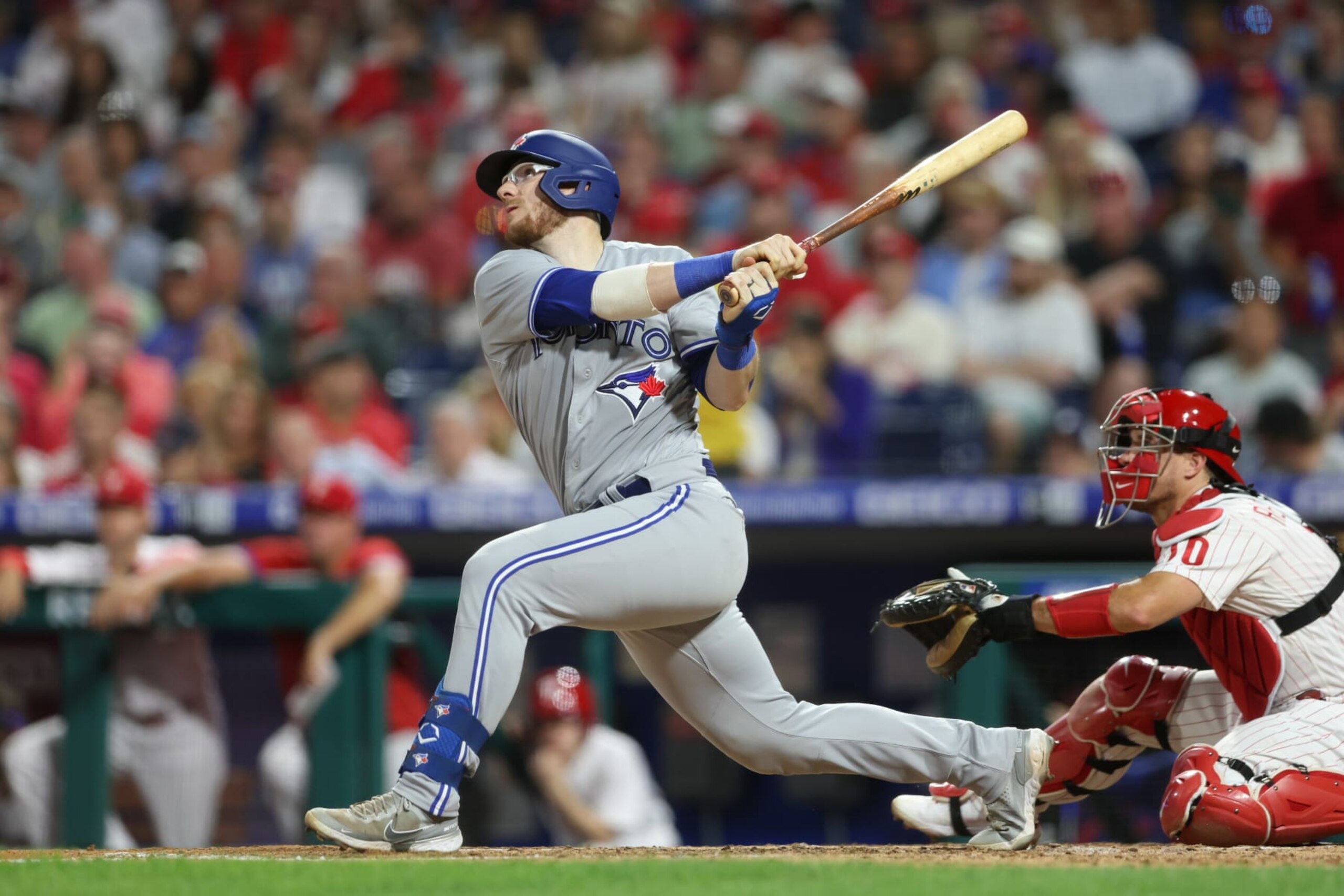 PHILADELPHIA, PA - SEPTEMBER 20:   Danny Jansen #9 of the Toronto Blue Jays doubles in the third inning during the game between the Toronto Blue Jays and the Philadelphia Phillies at Citizens Bank Park on Tuesday, September 20, 2022 in Philadelphia, Pennsylvania. (Photo by Rob Tringali/MLB Photos via Getty Images)