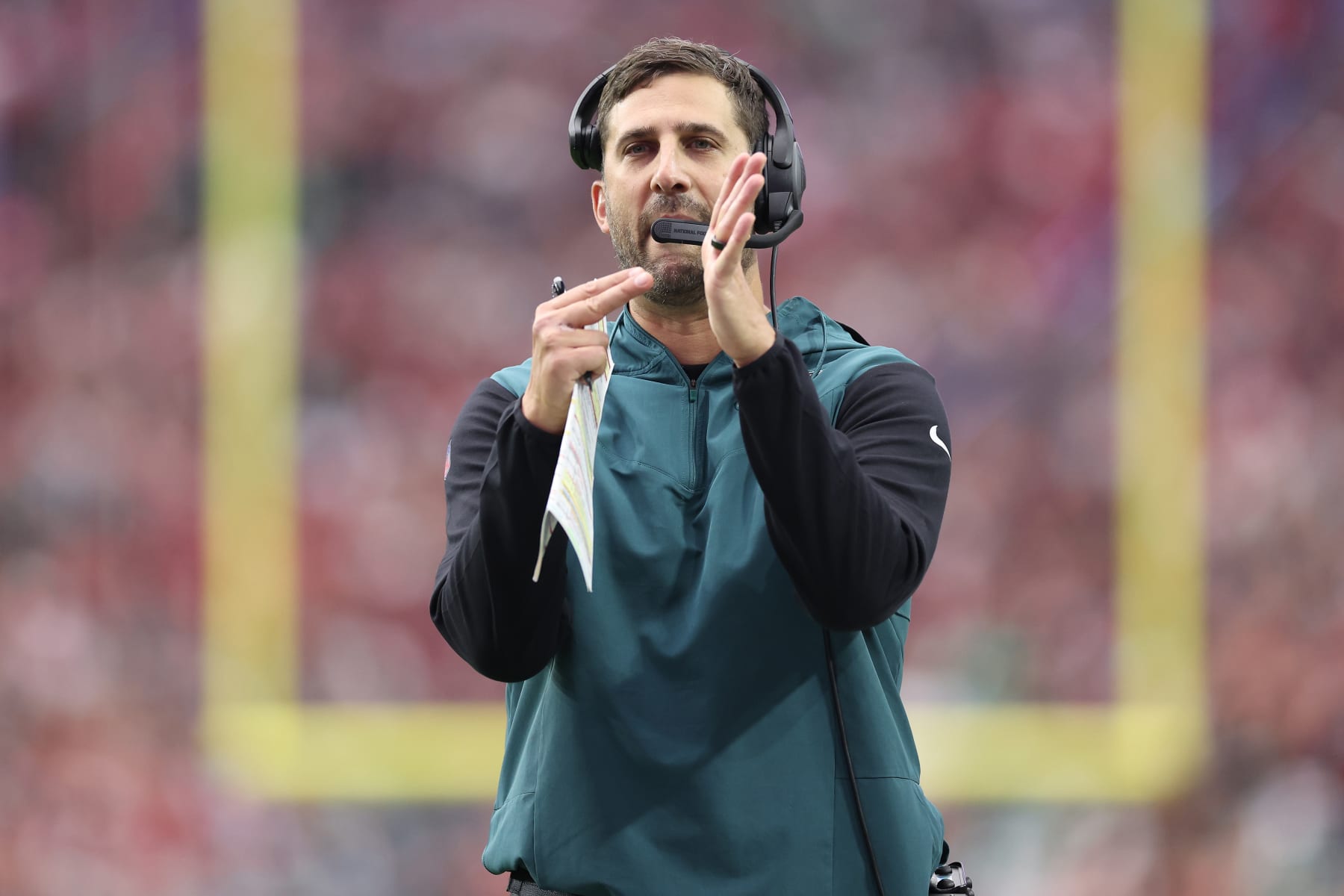 GLENDALE, ARIZONA - OCTOBER 09: Head coach Nick Sirianni of the Philadelphia Eagles calls a timeout during the second quarter against the Arizona Cardinals at State Farm Stadium on October 09, 2022 in Glendale, Arizona. (Photo by Christian Petersen/Getty Images)