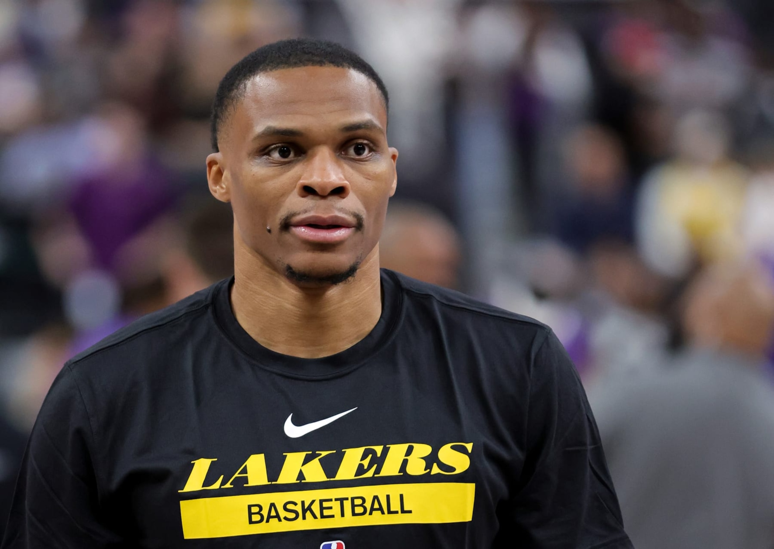 LAS VEGAS, NEVADA - OCTOBER 05: Russell Westbrook #0 of the Los Angeles Lakers warms up before a preseason game against the Phoenix Suns at T-Mobile Arena on October 05, 2022 in Las Vegas, Nevada. The Suns defeated the Lakers 119-115. NOTE TO USER: User expressly acknowledges and agrees that, by downloading and or using this photograph, User is consenting to the terms and conditions of the Getty Images License Agreement. (Photo by Ethan Miller/Getty Images)