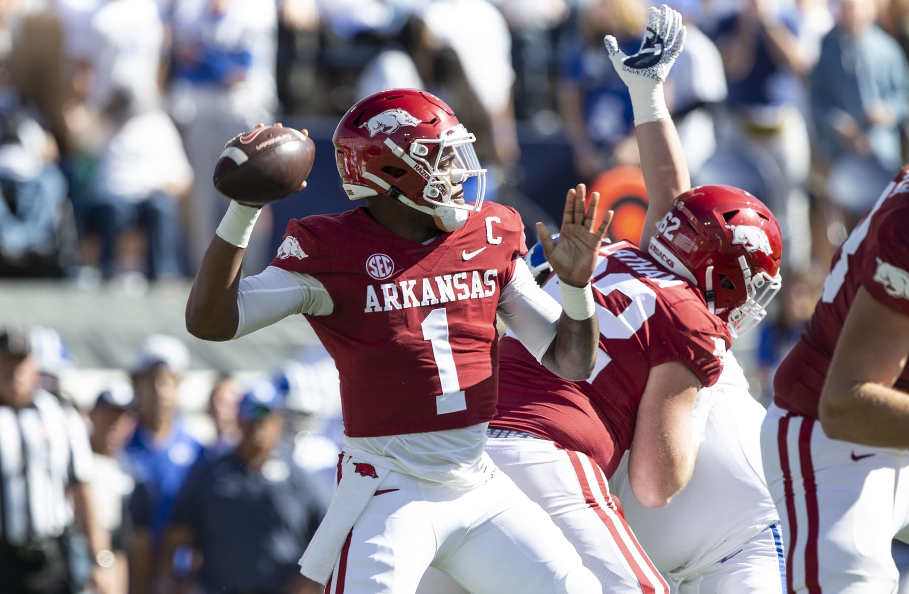 PROVO UT- OCTOBER 15: KJ Jefferson #1 of the Arkansas Razorbacks throws a pass against the Brigham Young Cougars during the first half of their game October 15, 2022 LaVell Edwards Stadium in Provo, Utah. (Photo by Chris Gardner/ Getty Images)