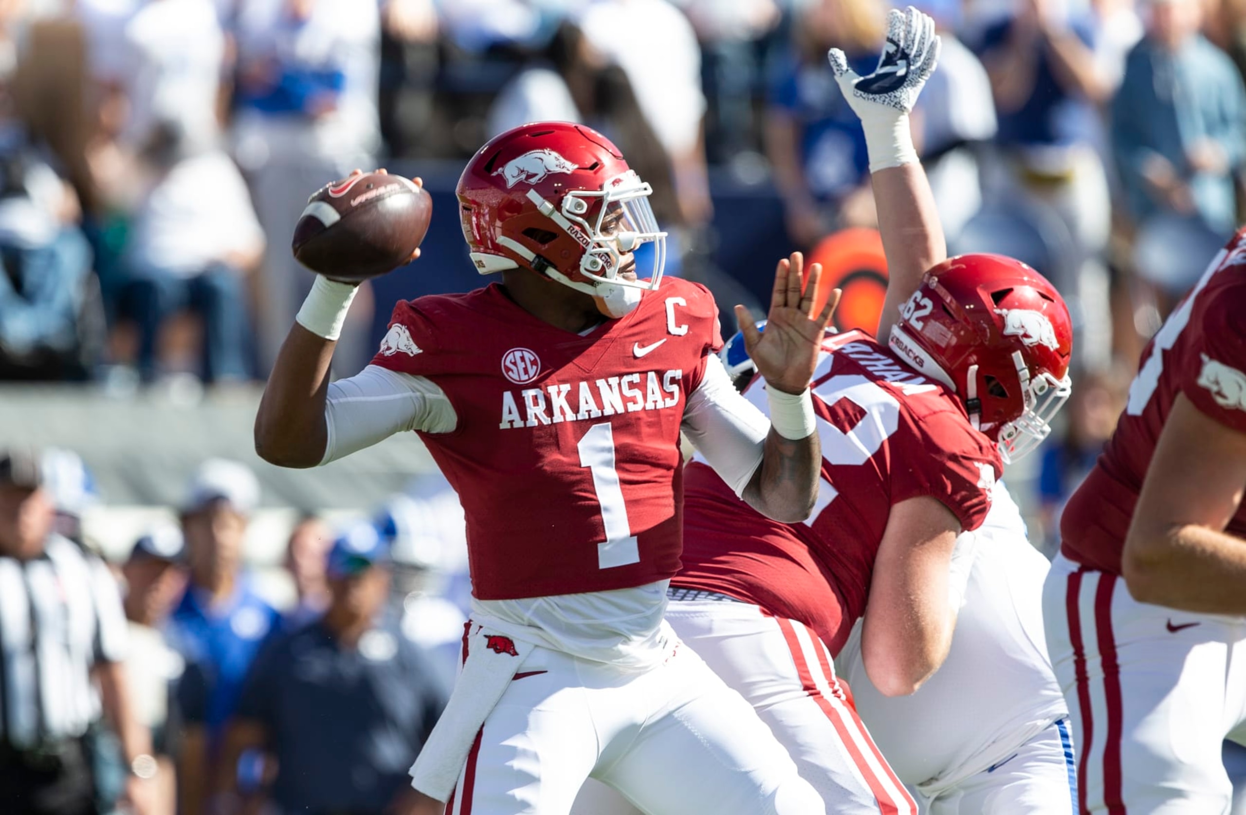 PROVO UT- OCTOBER 15: KJ Jefferson #1 of the Arkansas Razorbacks throws a pass against the Brigham Young Cougars during the first half of their game October 15, 2022 LaVell Edwards Stadium in Provo, Utah. (Photo by Chris Gardner/ Getty Images)