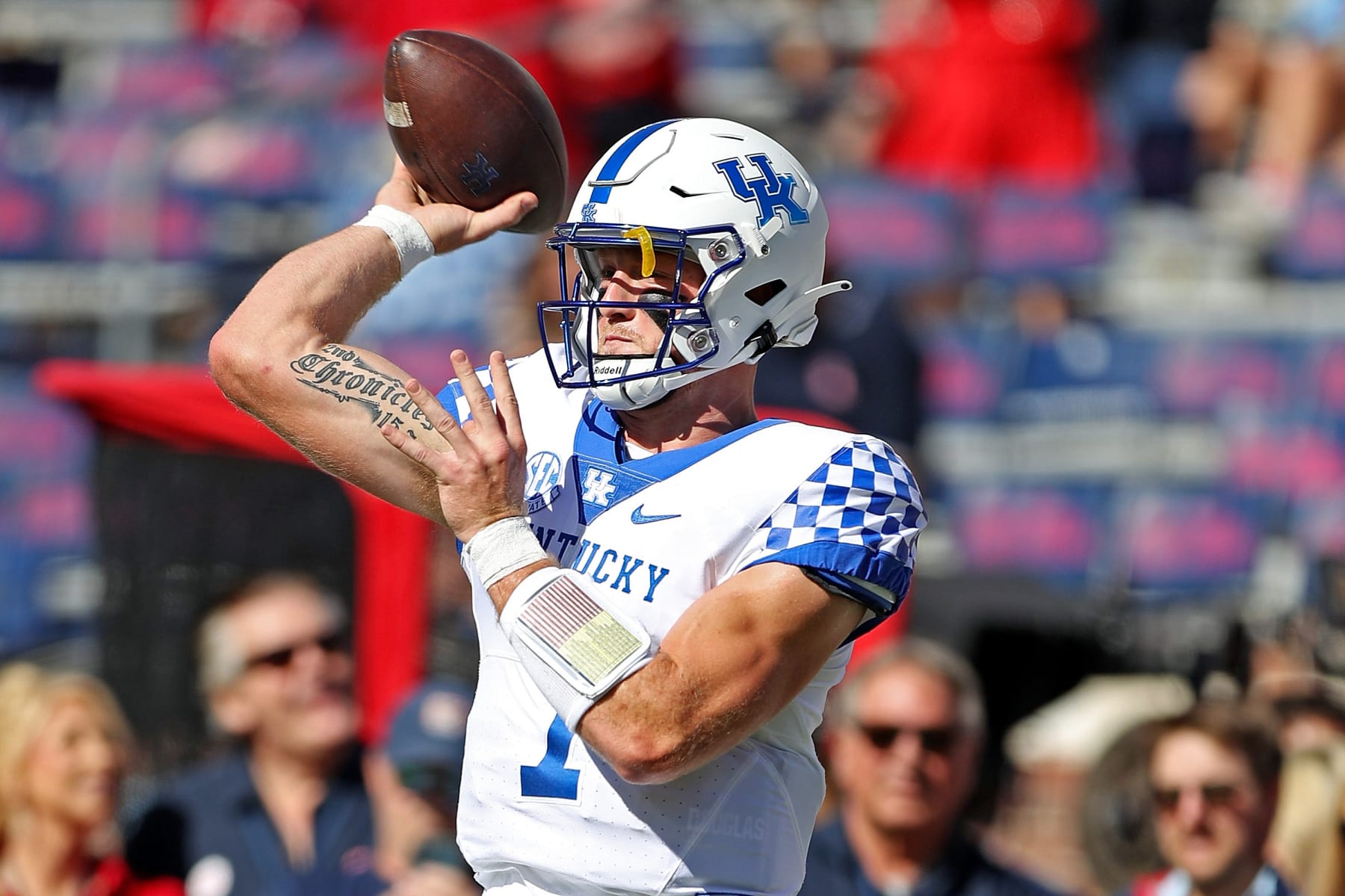 OXFORD, MISSISSIPPI - OCTOBER 01: Will Levis #7 of the Kentucky Wildcats warms up before the game against the Mississippi Rebels at Vaught-Hemingway Stadium on October 01, 2022 in Oxford, Mississippi. (Photo by Justin Ford/Getty Images)