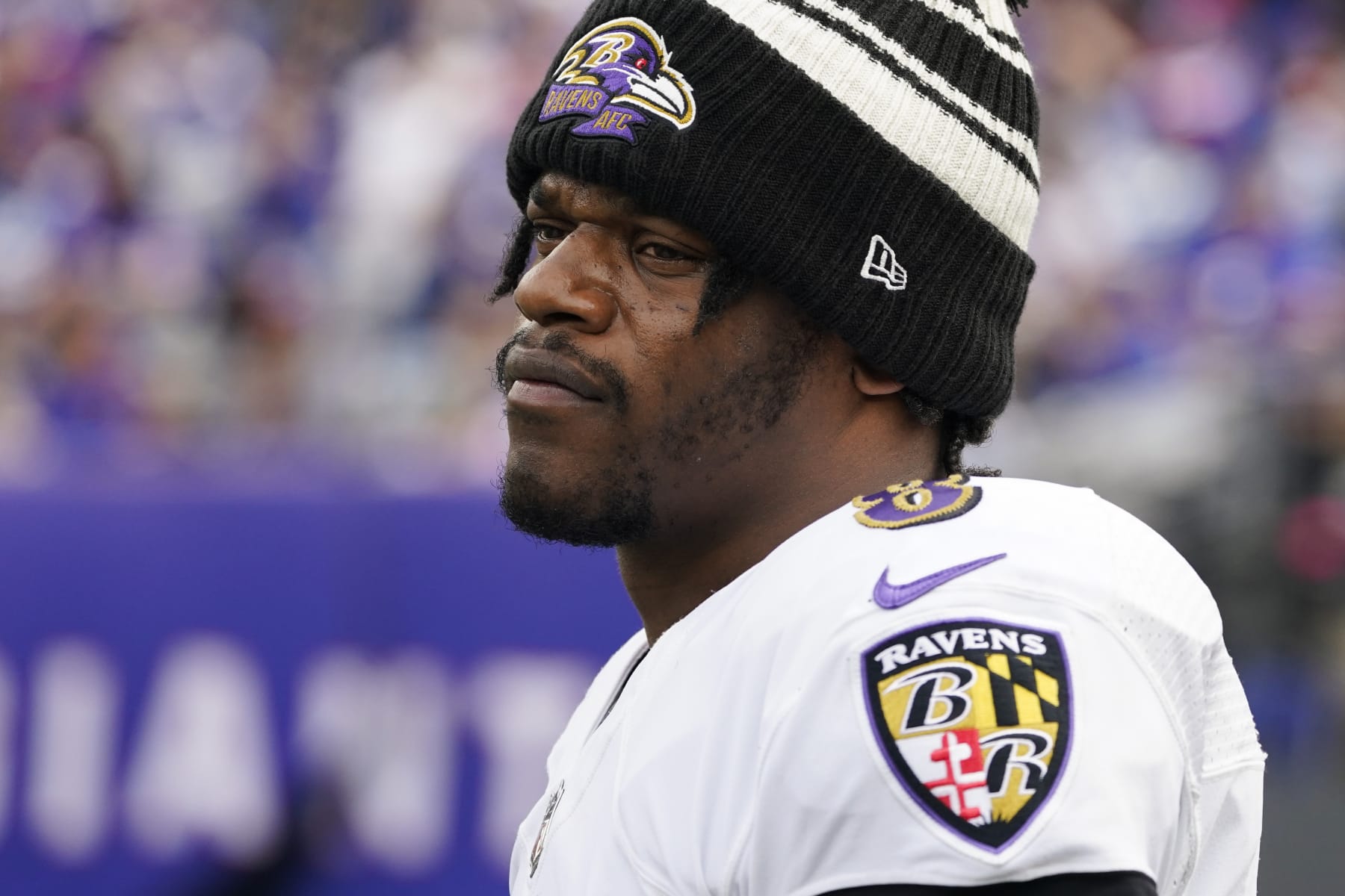 Baltimore Ravens quarterback Lamar Jackson during the first half of an NFL football game against the New York Giants Sunday, Oct. 16, 2022, in East Rutherford, N.J. (AP Photo/John Minchillo)