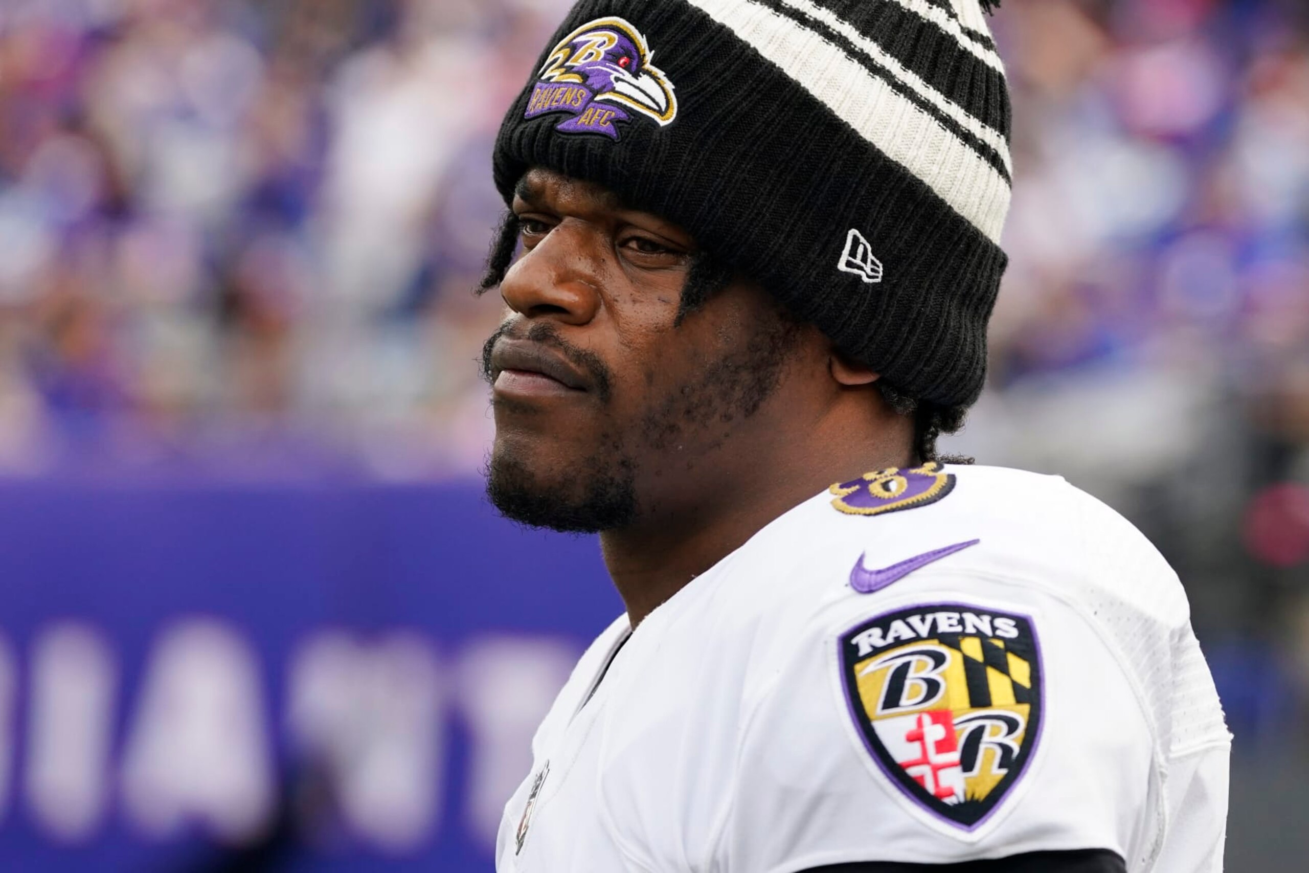 Baltimore Ravens quarterback Lamar Jackson during the first half of an NFL football game against the New York Giants Sunday, Oct. 16, 2022, in East Rutherford, N.J. (AP Photo/John Minchillo)