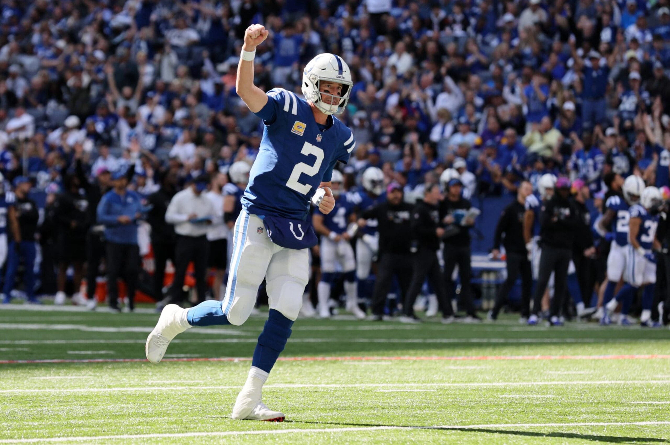 INDIANAPOLIS, INDIANA - OCTOBER 16: Matt Ryan #2 of the Indianapolis Colts celebrates a touchdown against the Jacksonville Jaguars during the fourth quarter at Lucas Oil Stadium on October 16, 2022 in Indianapolis, Indiana. (Photo by Andy Lyons/Getty Images)