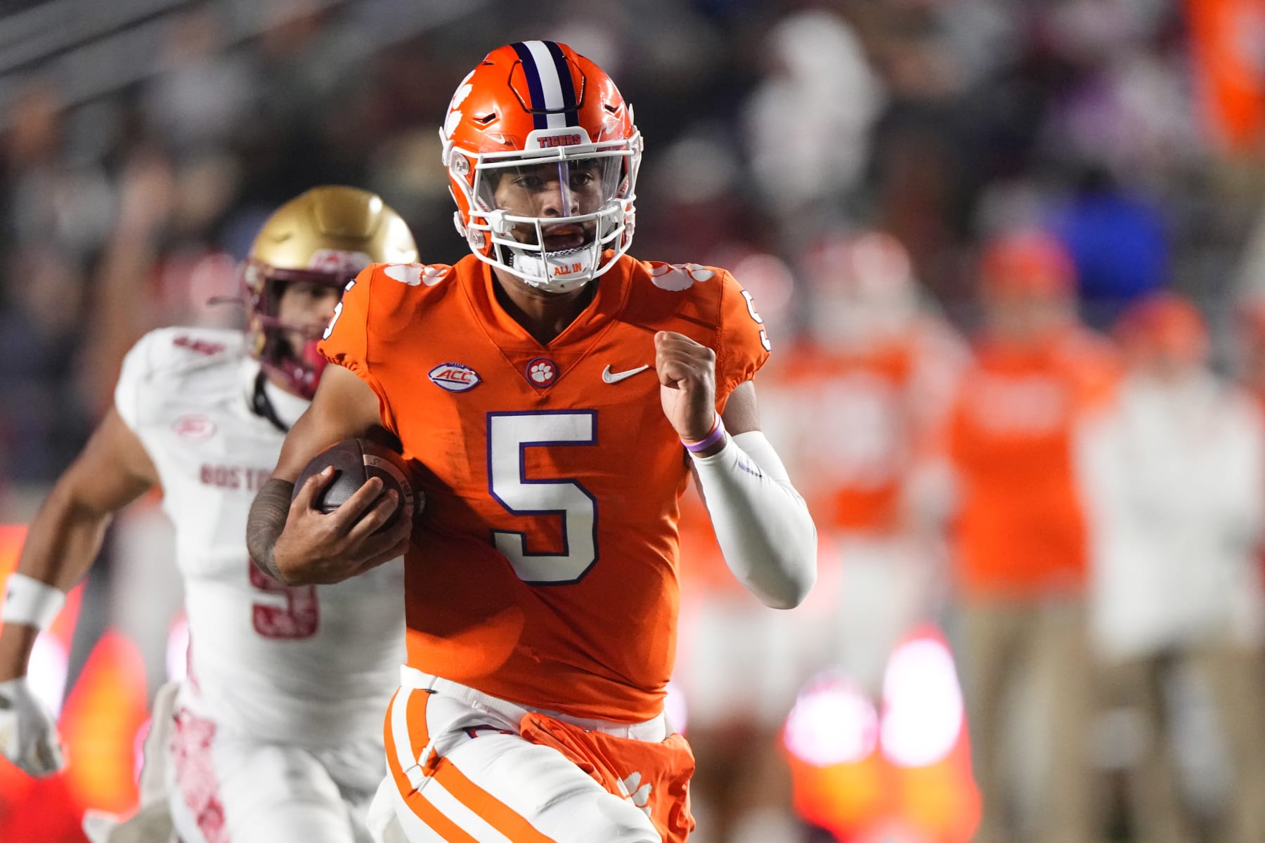 CHESTNUT HILL, MA - OCTOBER 08: Clemson Tigers Quarterback DJ Uiagalelei (5) runs with the ball during the second half of the college football game between the Clemson Tigers and the Boston College Eagles on October 8, 2022, at Alumni Stadium in Chestnut Hill, Ma. (Photo by Gregory Fisher/Icon Sportswire via Getty Images)