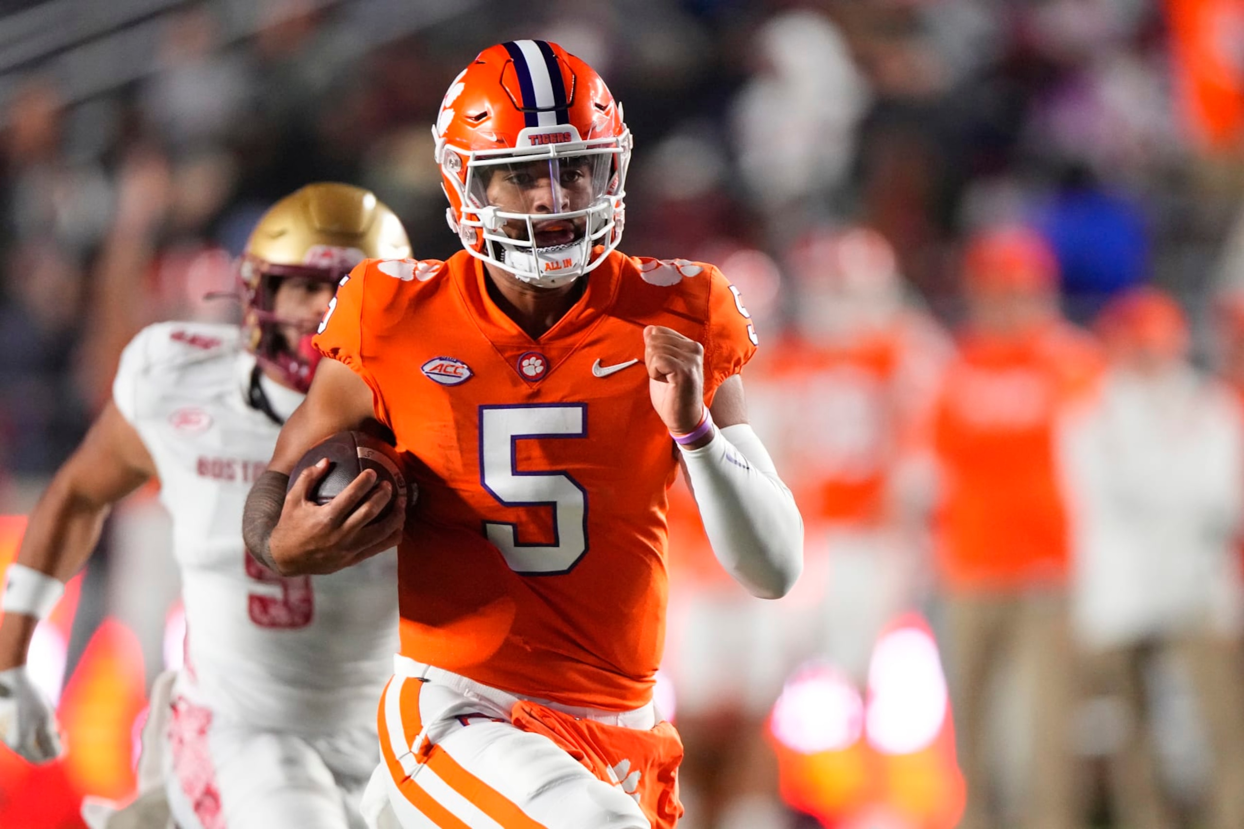 CHESTNUT HILL, MA - OCTOBER 08: Clemson Tigers Quarterback DJ Uiagalelei (5) runs with the ball during the second half of the college football game between the Clemson Tigers and the Boston College Eagles on October 8, 2022, at Alumni Stadium in Chestnut Hill, Ma. (Photo by Gregory Fisher/Icon Sportswire via Getty Images)