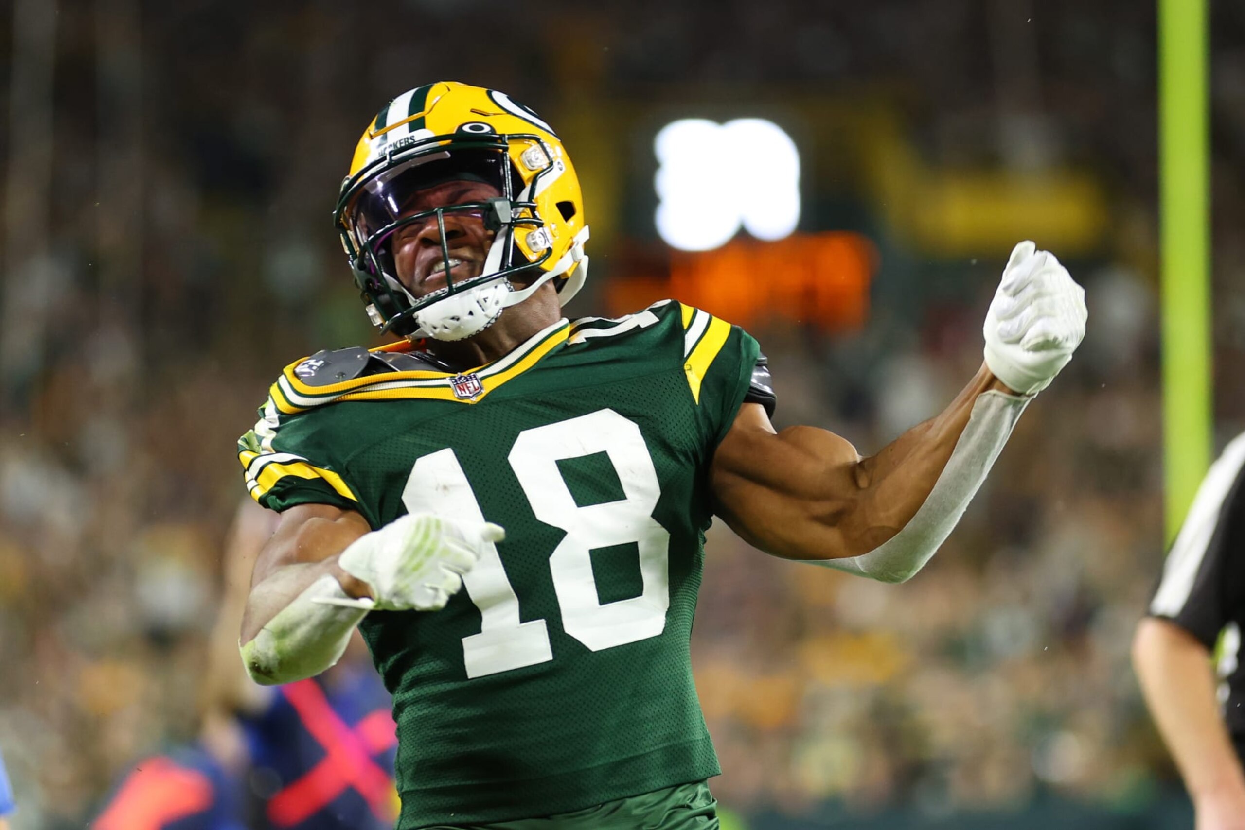 GREEN BAY, WISCONSIN - SEPTEMBER 18: Randall Cobb #18 of the Green Bay Packers reacts after a play during the second quarter in the game against the Chicago Bears at Lambeau Field on September 18, 2022 in Green Bay, Wisconsin. (Photo by Michael Reaves/Getty Images)