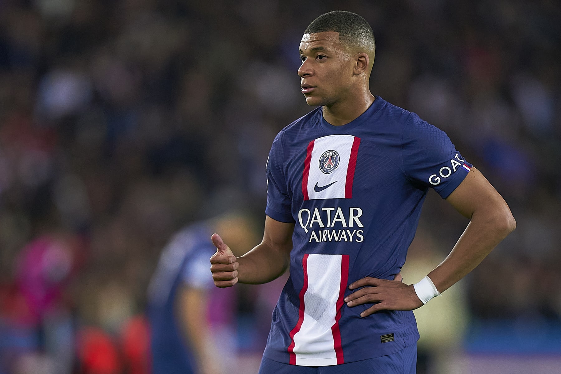 PARIS, FRANCE - OCTOBER 11: Kylian Mbappe of Paris Saint-Germain reac during the UEFA Champions League group H match between Paris Saint-Germain and SL Benfica at Parc des Princes on October 11, 2022 in Paris, France. (Photo by Pedro Salado/Quality Sport Images/Getty Images)