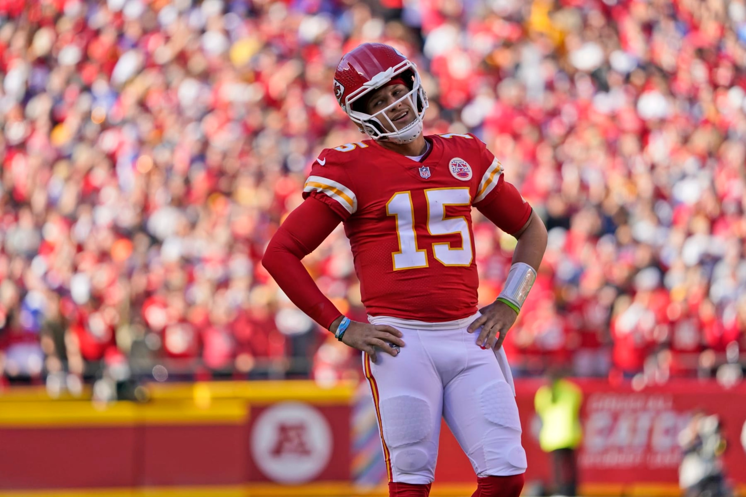 Kansas City Chiefs quarterback Patrick Mahomes reacts to a penalty call against the Chiefs during the first half of an NFL football game against the Buffalo Bills Sunday, Oct. 16, 2022, in Kansas City, Mo. (AP Photo/Ed Zurga) Kansas City Chiefs quarterback Patrick Mahomes reacts to a penalty call against the Chiefs during the first half of an NFL football game against the Buffalo Bills Sunday, Oct. 16, 2022, in Kansas City, Mo. (AP Photo/Ed Zurga)