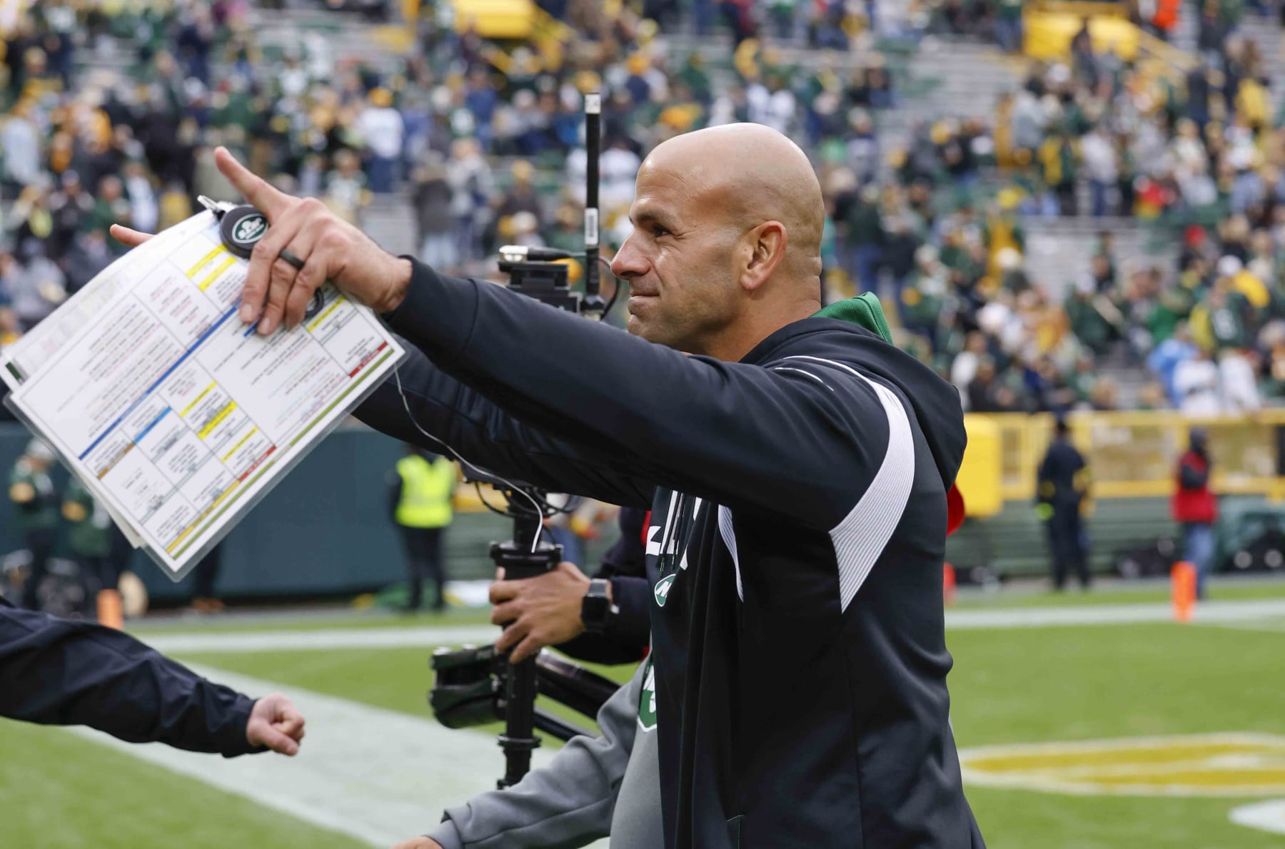 New York Jets Head coach Robert Saleh reacts after beating the Green Bay Packers during an NFL game Sunday, Oct. 16, 2022, in Green Bay, Wis. (AP Photo/Jeffrey Phelps)
