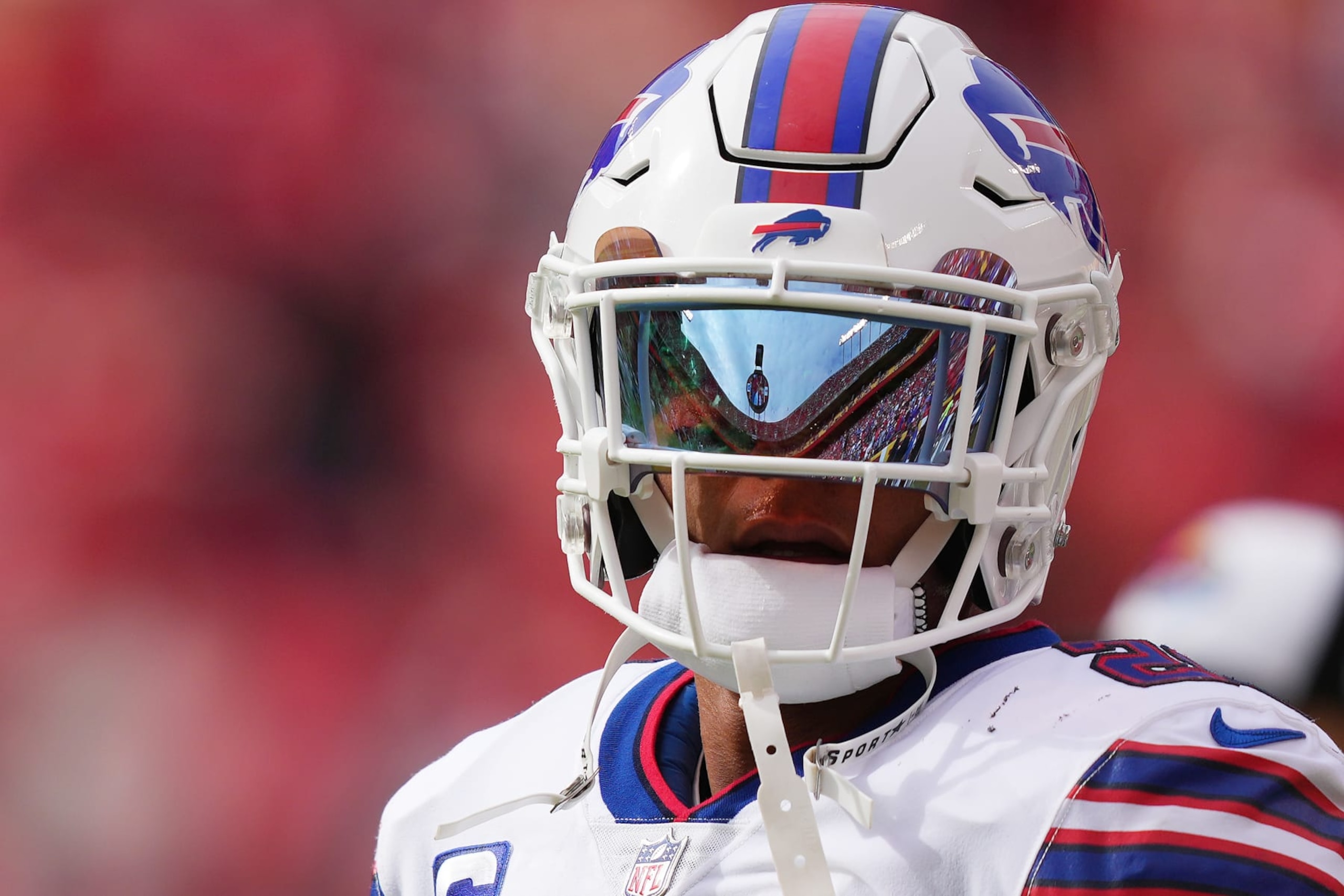 KANSAS CITY, MISSOURI - OCTOBER 16: Jordan Poyer #21 of the Buffalo Bills looks on prior to the game against the Kansas City Chiefs at Arrowhead Stadium on October 16, 2022 in Kansas City, Missouri. (Photo by Jason Hanna/Getty Images)