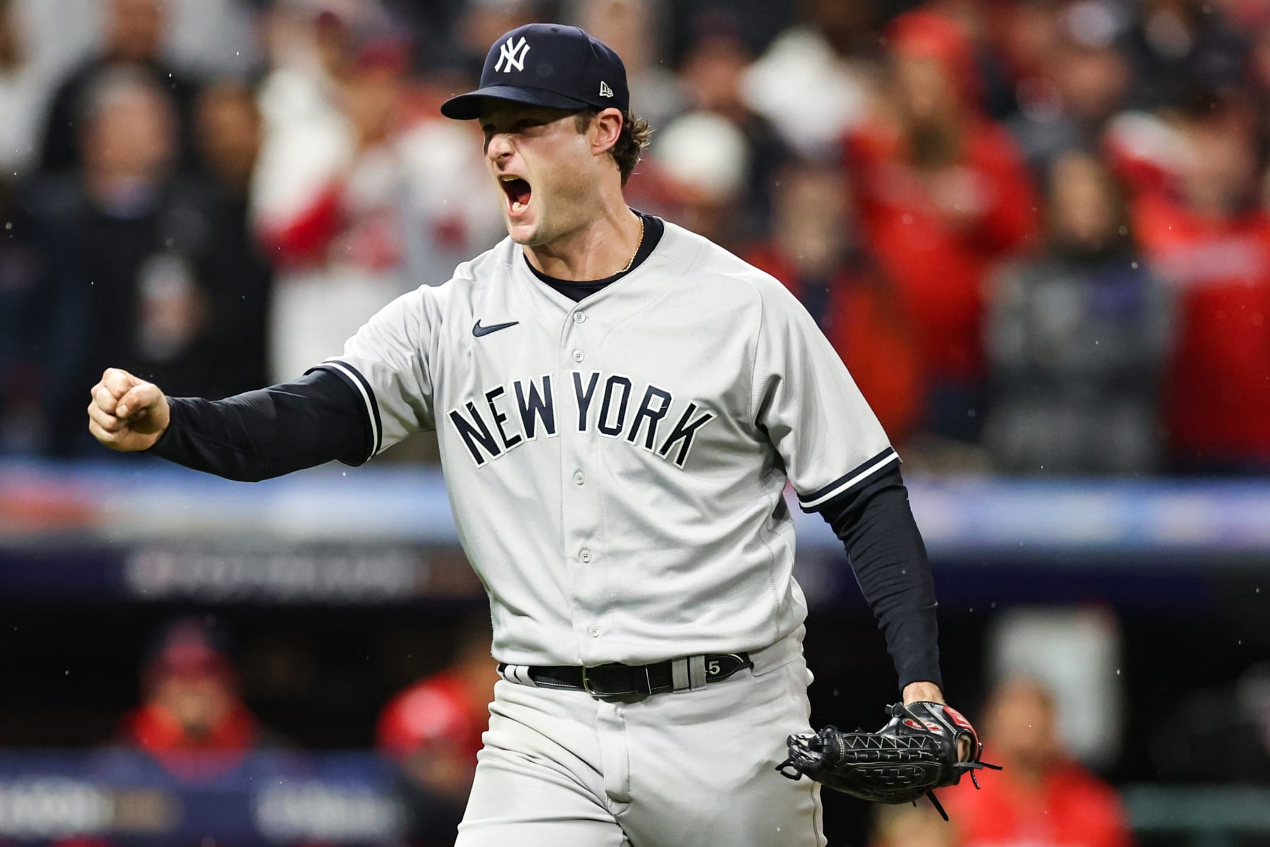 CLEVELAND, OHIO - OCTOBER 16: Gerrit Cole #45 of the New York Yankees reacts after a strikeout against the Cleveland Guardians during the seventh inning in game four of the American League Division Series at Progressive Field on October 16, 2022 in Cleveland, Ohio. (Photo by Christian Petersen/Getty Images)