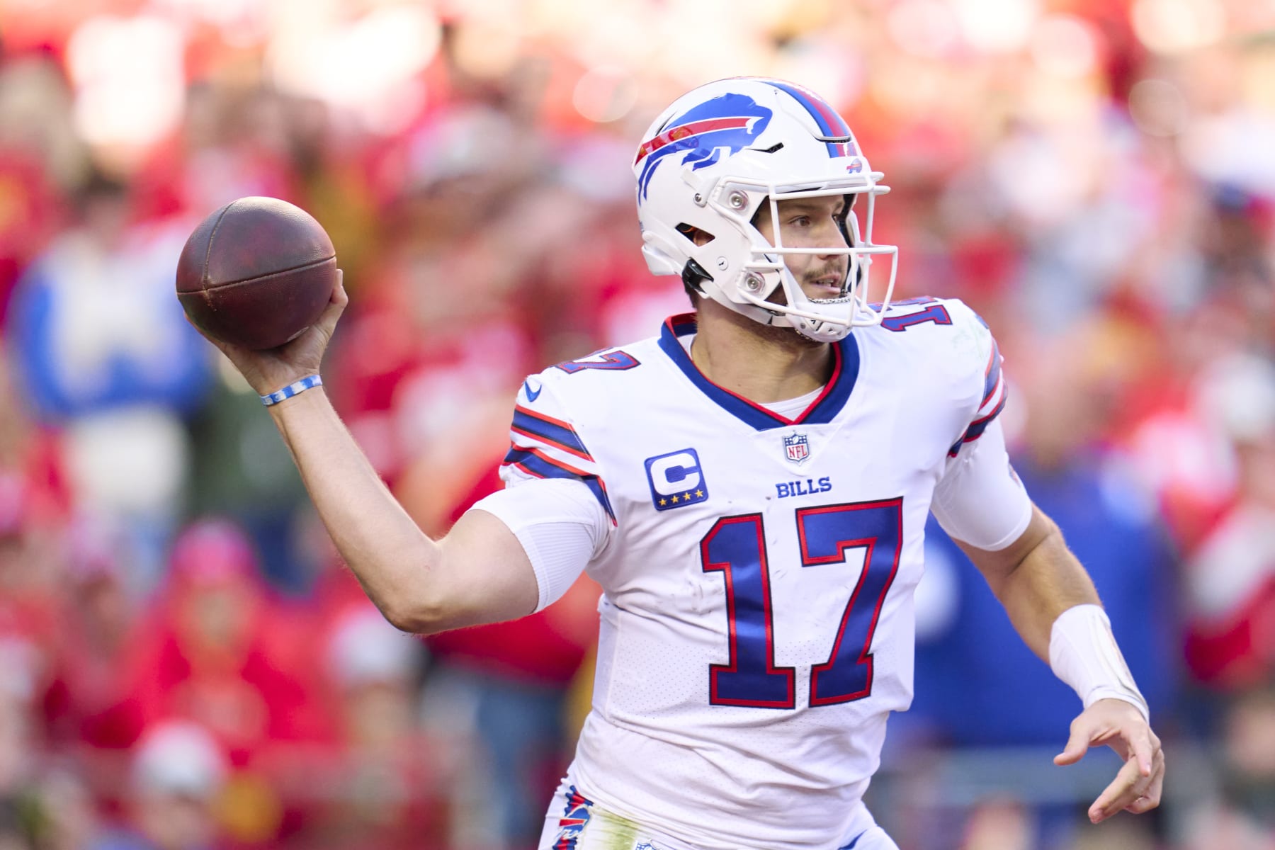 KANSAS CITY, MO - OCTOBER 16: Josh Allen #17 of the Buffalo Bills drops back to pass against the Kansas City Chiefs during the first half at GEHA Field at Arrowhead Stadium on October 16, 2022 in Kansas City, Missouri. (Photo by Cooper Neill/Getty Images)