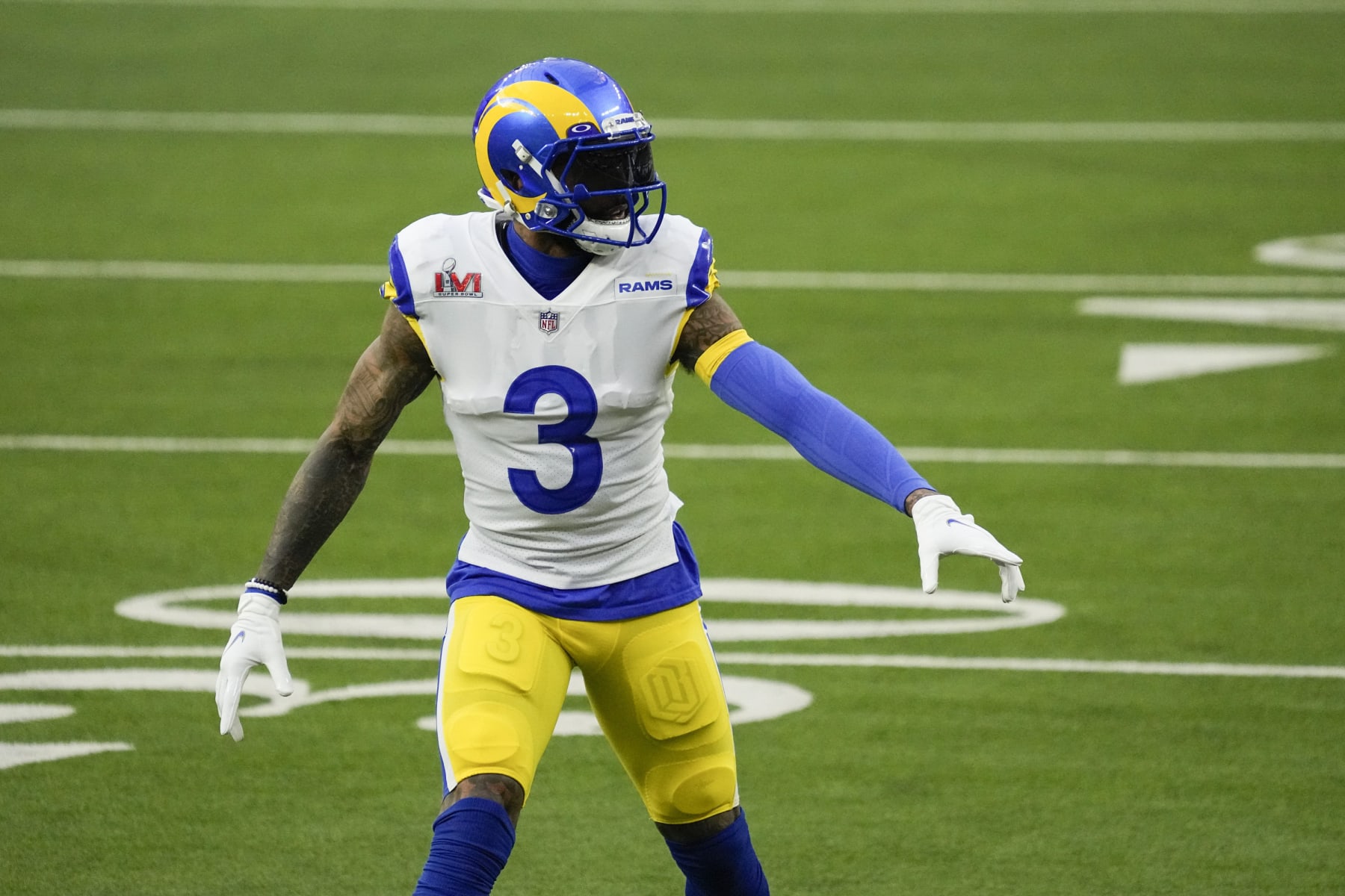 Los Angeles Rams wide receiver Odell Beckham Jr. lines up for a play during the first half of the NFL Super Bowl 56 football game Sunday, Feb. 13, 2022, in Inglewood, Calif. The Los Angeles Rams defeated the Cincinnati Bengals 23-20. (AP Photo/Julio Cortez)