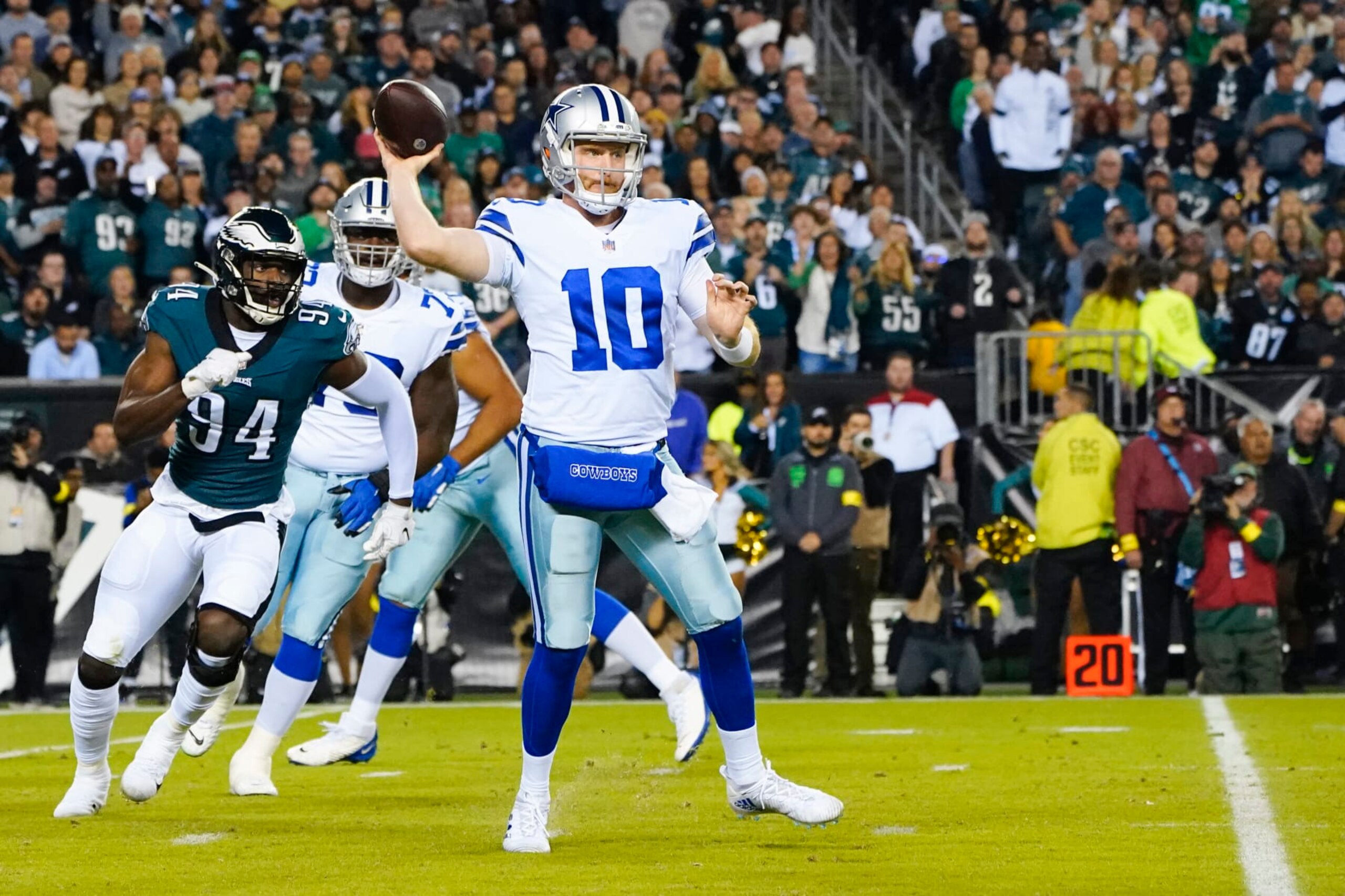PHILADELPHIA, PA - OCTOBER 16: Dallas Cowboys Quarterback Cooper Rush (10) throws the ball during the first half of the National Football League game between the Dallas Cowboys and Philadelphia Eagles on October 16,2022, at Lincoln Financial Field in Philadelphia, PA. (Photo by Gregory Fisher/Icon Sportswire via Getty Images)