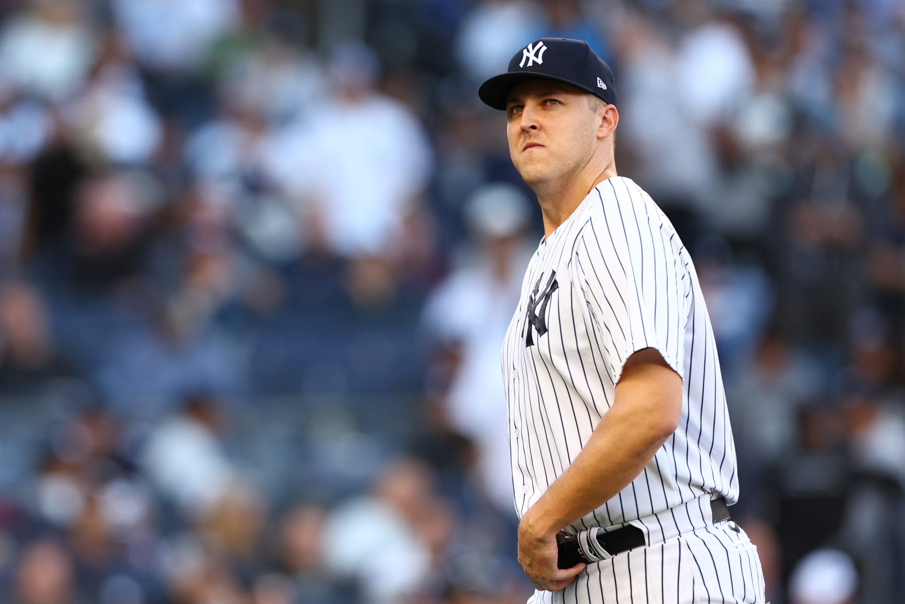 NEW YORK, NEW YORK - OCTOBER 14: Jameson Taillon #50 of the New York Yankees leaves the game during the tenth inning against the Cleveland Guardians in game two of the American League Division Series at Yankee Stadium on October 14, 2022 in New York, New York. (Photo by Elsa/Getty Images)