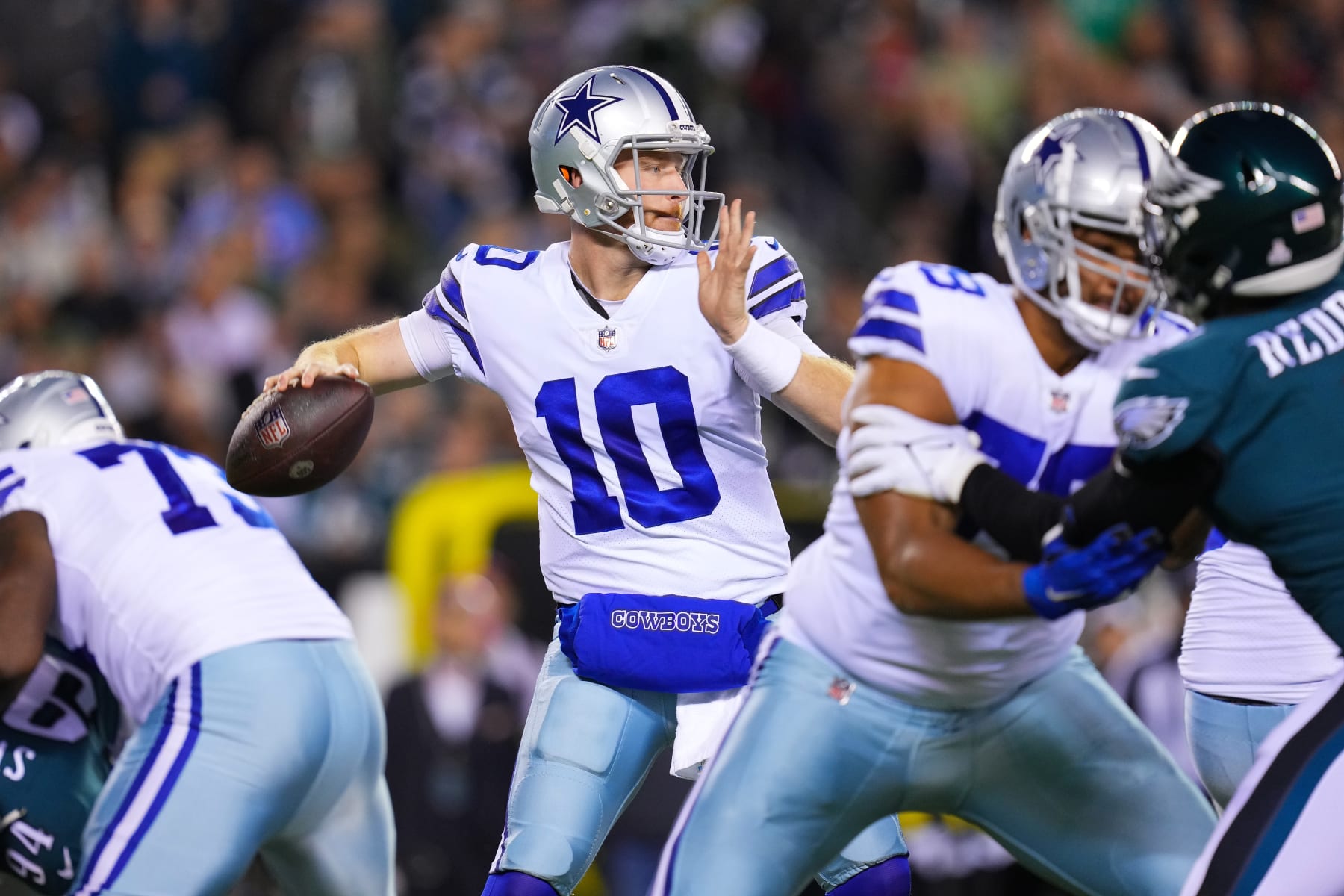 PHILADELPHIA, PENNSYLVANIA - OCTOBER 16: Cooper Rush #10 of the Dallas Cowboys throws the ball during the first quarter during the game against the Dallas Cowboys at Lincoln Financial Field on October 16, 2022 in Philadelphia, Pennsylvania. (Photo by Mitchell Leff/Getty Images)