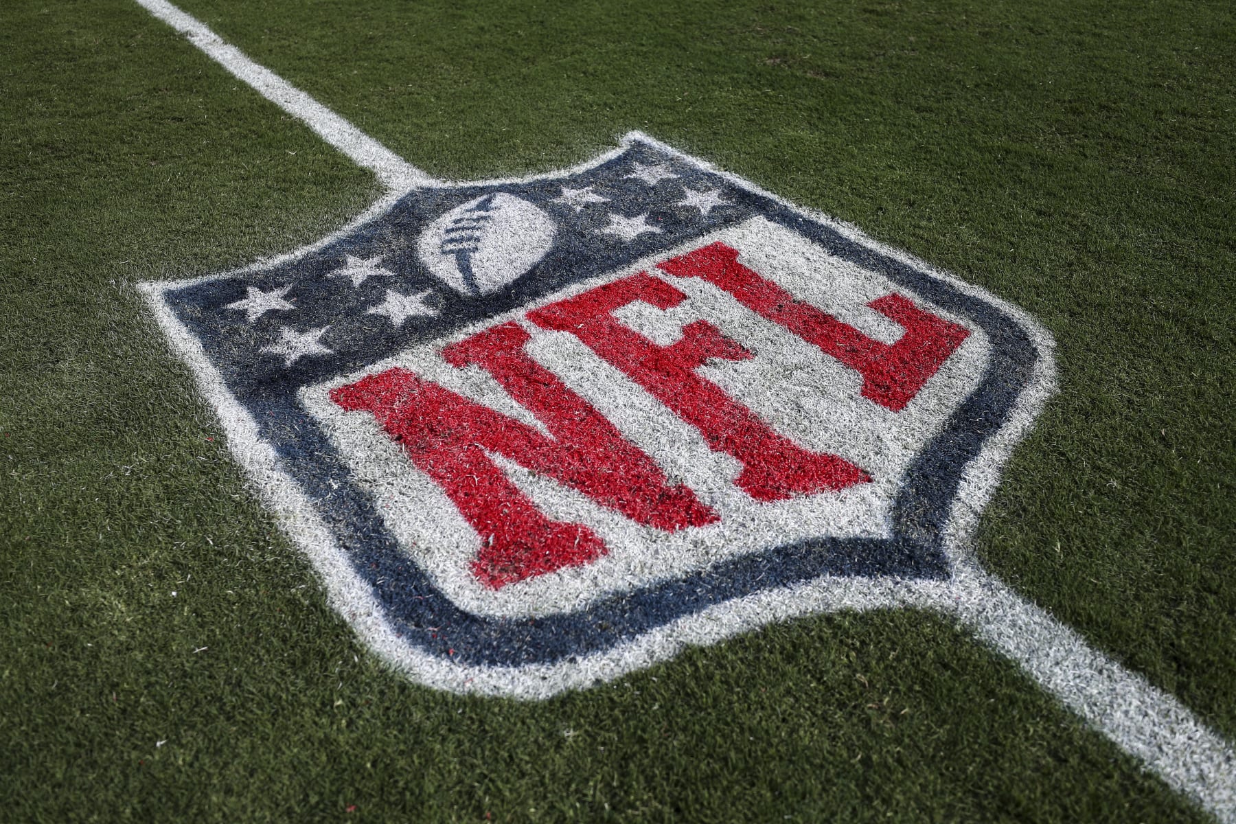 TAMPA, FL - OCTOBER 9: A detail shot of a painted NFL shield logo on the field after an NFL football game between the Tampa Bay Buccaneers and the Atlanta Falcons at Raymond James Stadium on October 9, 2022 in Tampa, Florida. (Photo by Kevin Sabitus/Getty Images)