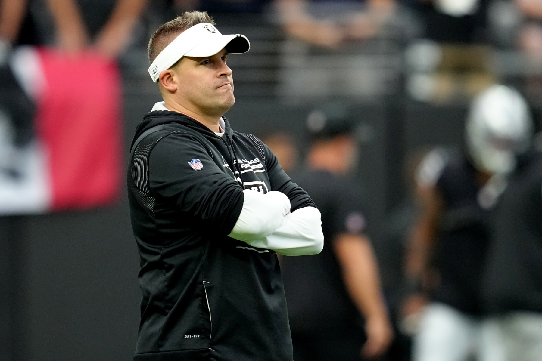 LAS VEGAS, NEVADA - OCTOBER 02: Head coach Josh McDaniels of the Las Vegas Raiders looks on before the game against the Denver Broncos at Allegiant Stadium on October 02, 2022 in Las Vegas, Nevada. (Photo by Jeff Bottari/Getty Images)