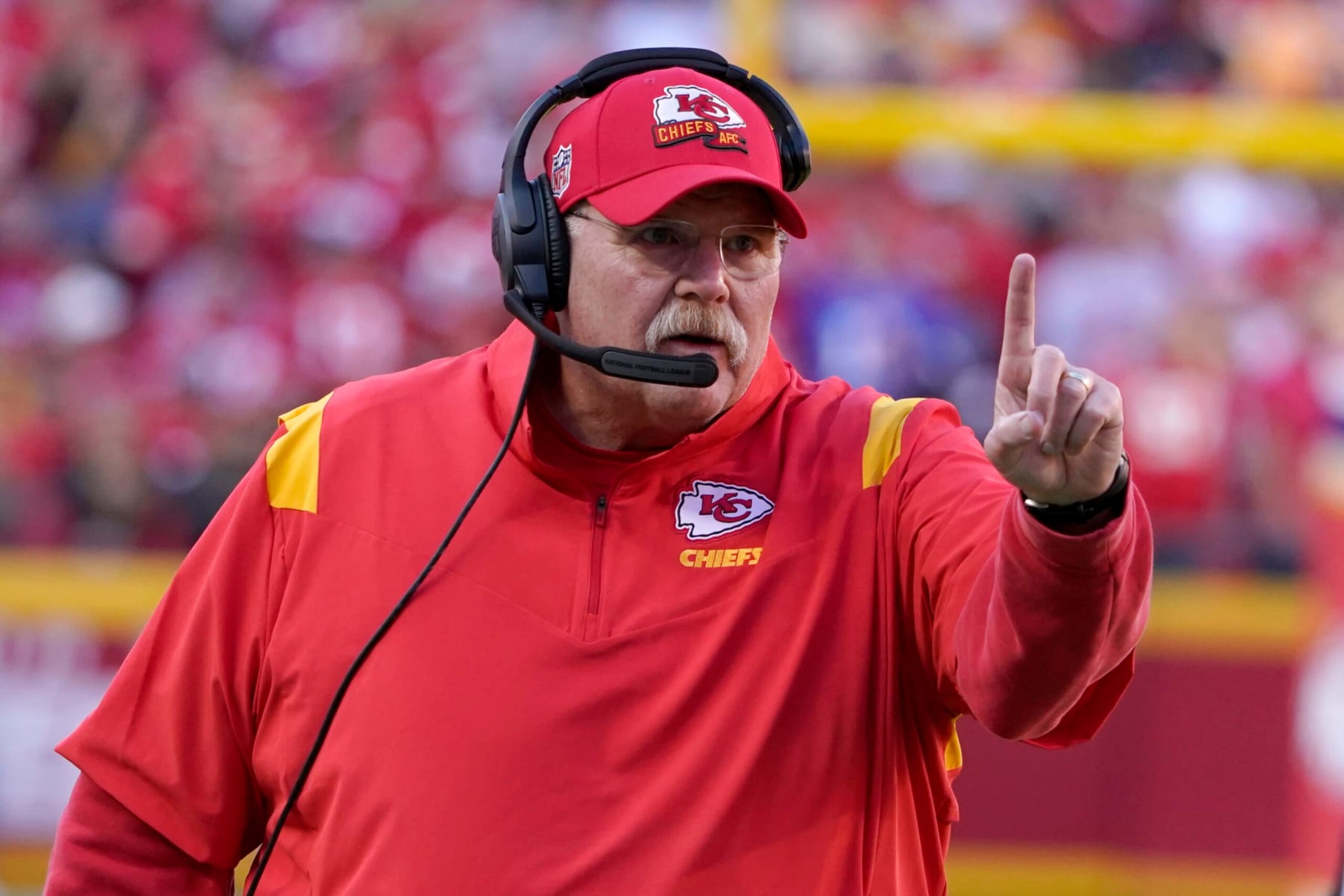 Kansas City Chiefs head coach Andy Reid watches from the sidelines during the first half of an NFL football game against the Buffalo Bills Sunday, Oct. 16, 2022, in Kansas City, Mo. (AP Photo/Ed Zurga)