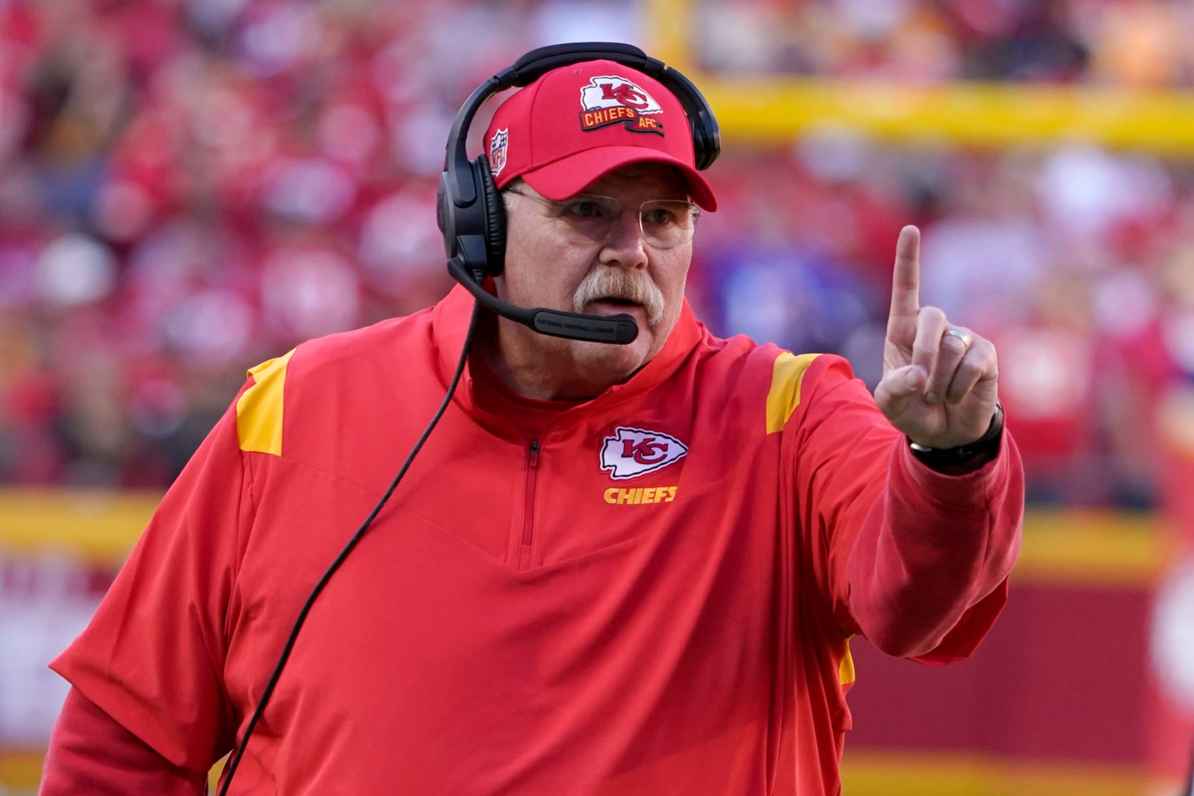 Kansas City Chiefs head coach Andy Reid watches from the sidelines during the first half of an NFL football game against the Buffalo Bills Sunday, Oct. 16, 2022, in Kansas City, Mo. (AP Photo/Ed Zurga)