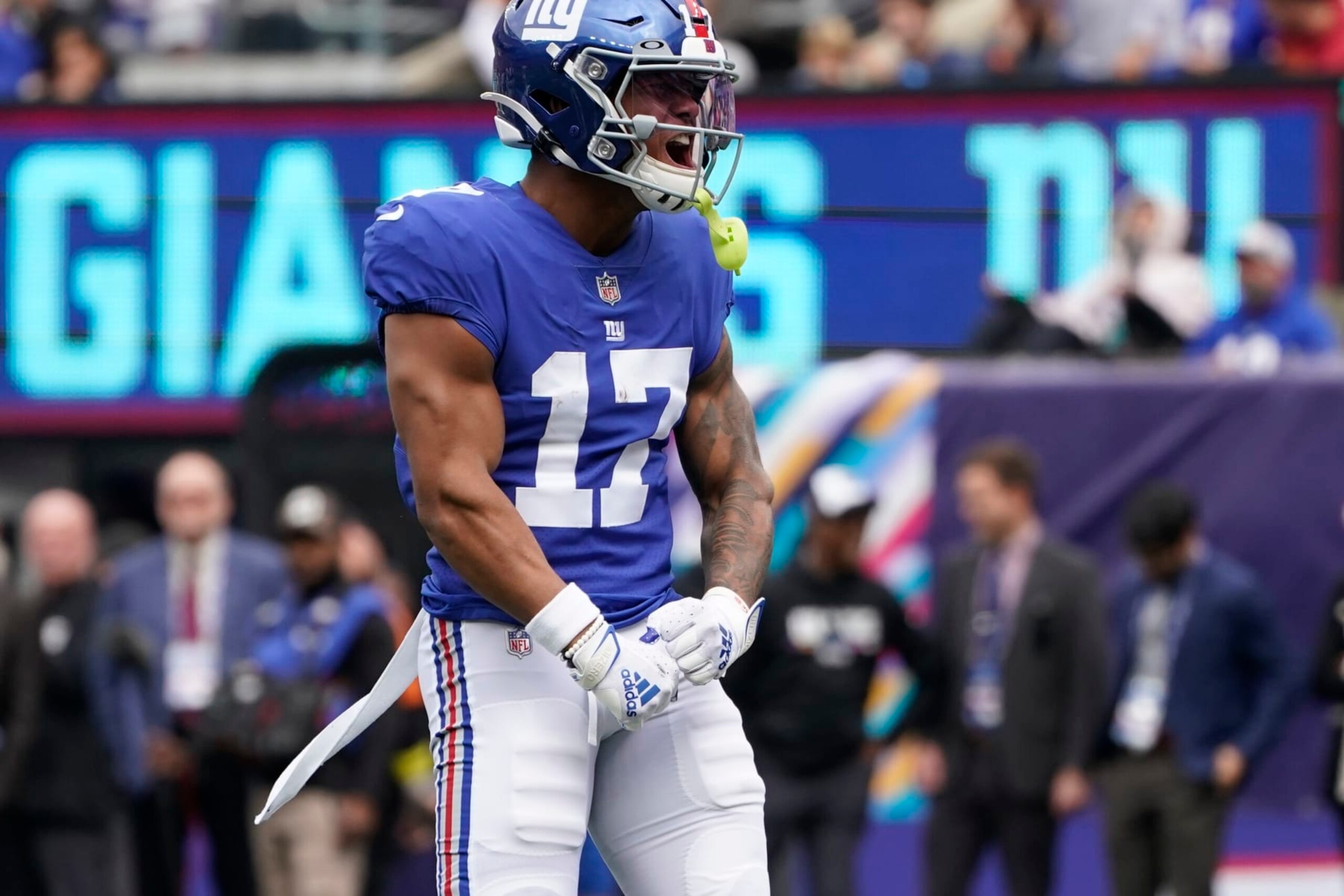 New York Giants' Wan'Dale Robinson (17) celebrates during the first half of an NFL football game against the Baltimore Ravens Sunday, Oct. 16, 2022, in East Rutherford, N.J. (AP Photo/John Minchillo)