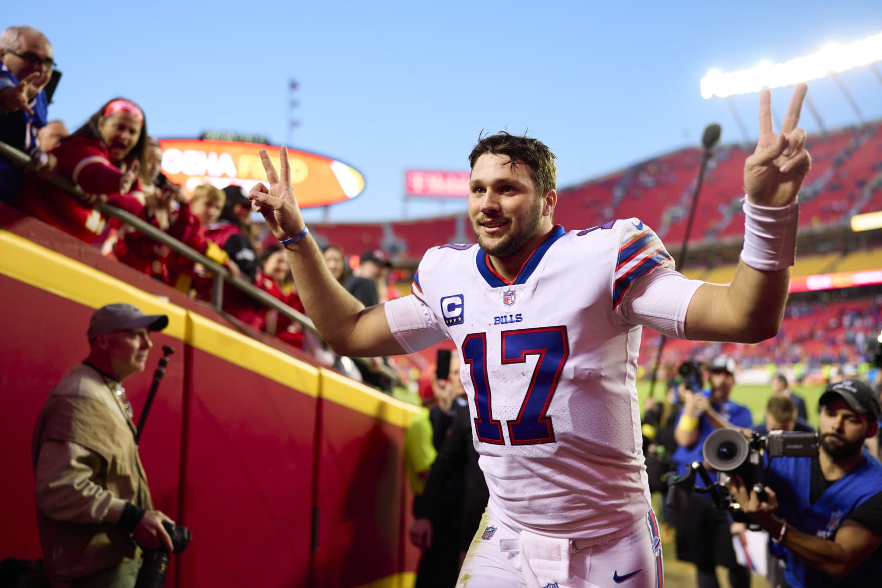 KANSAS CITY, MO - OCTOBER 16: Josh Allen #17 of the Buffalo Bills celebrates after defeating the Kansas City Chiefs at GEHA Field at Arrowhead Stadium on October 16, 2022 in Kansas City, Missouri. (Photo by Cooper Neill/Getty Images)