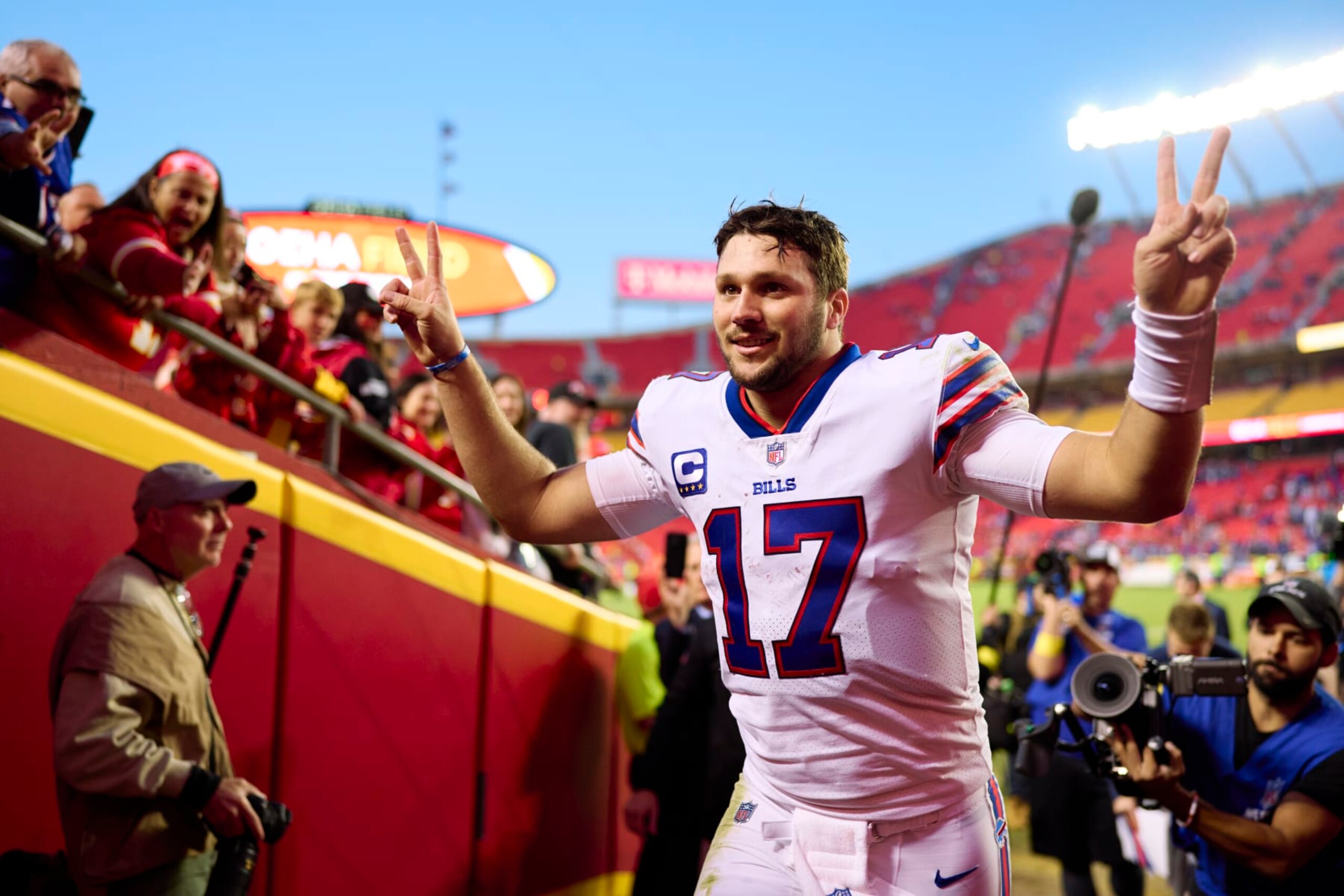 KANSAS CITY, MO - OCTOBER 16: Josh Allen #17 of the Buffalo Bills celebrates after defeating the Kansas City Chiefs at GEHA Field at Arrowhead Stadium on October 16, 2022 in Kansas City, Missouri. (Photo by Cooper Neill/Getty Images)