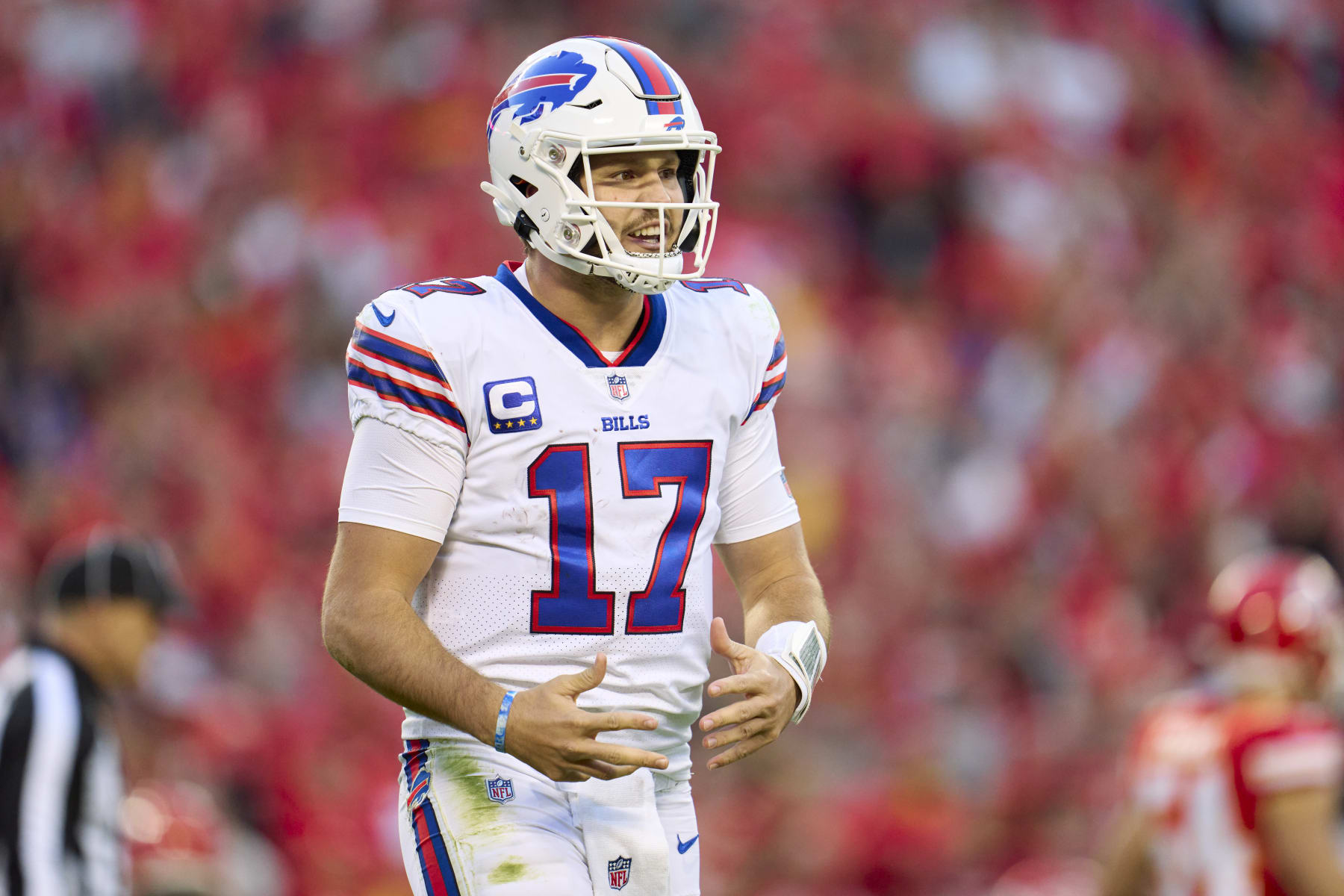 KANSAS CITY, MO - OCTOBER 16: Josh Allen #17 of the Buffalo Bills reacts after a play against the Kansas City Chiefs during the second half at GEHA Field at Arrowhead Stadium on October 16, 2022 in Kansas City, Missouri. (Photo by Cooper Neill/Getty Images)