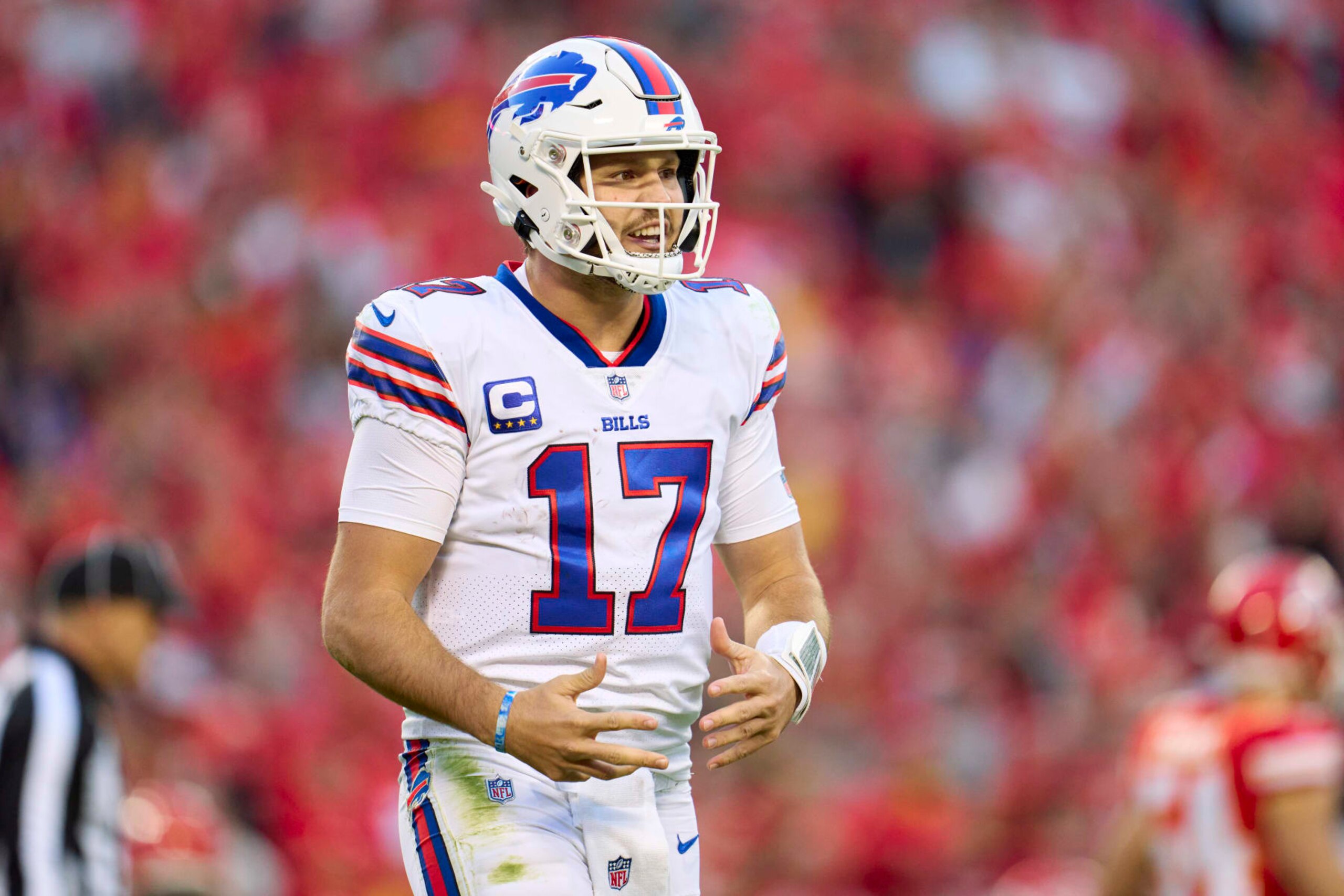 KANSAS CITY, MO - OCTOBER 16: Josh Allen #17 of the Buffalo Bills reacts after a play against the Kansas City Chiefs during the second half at GEHA Field at Arrowhead Stadium on October 16, 2022 in Kansas City, Missouri. (Photo by Cooper Neill/Getty Images)
