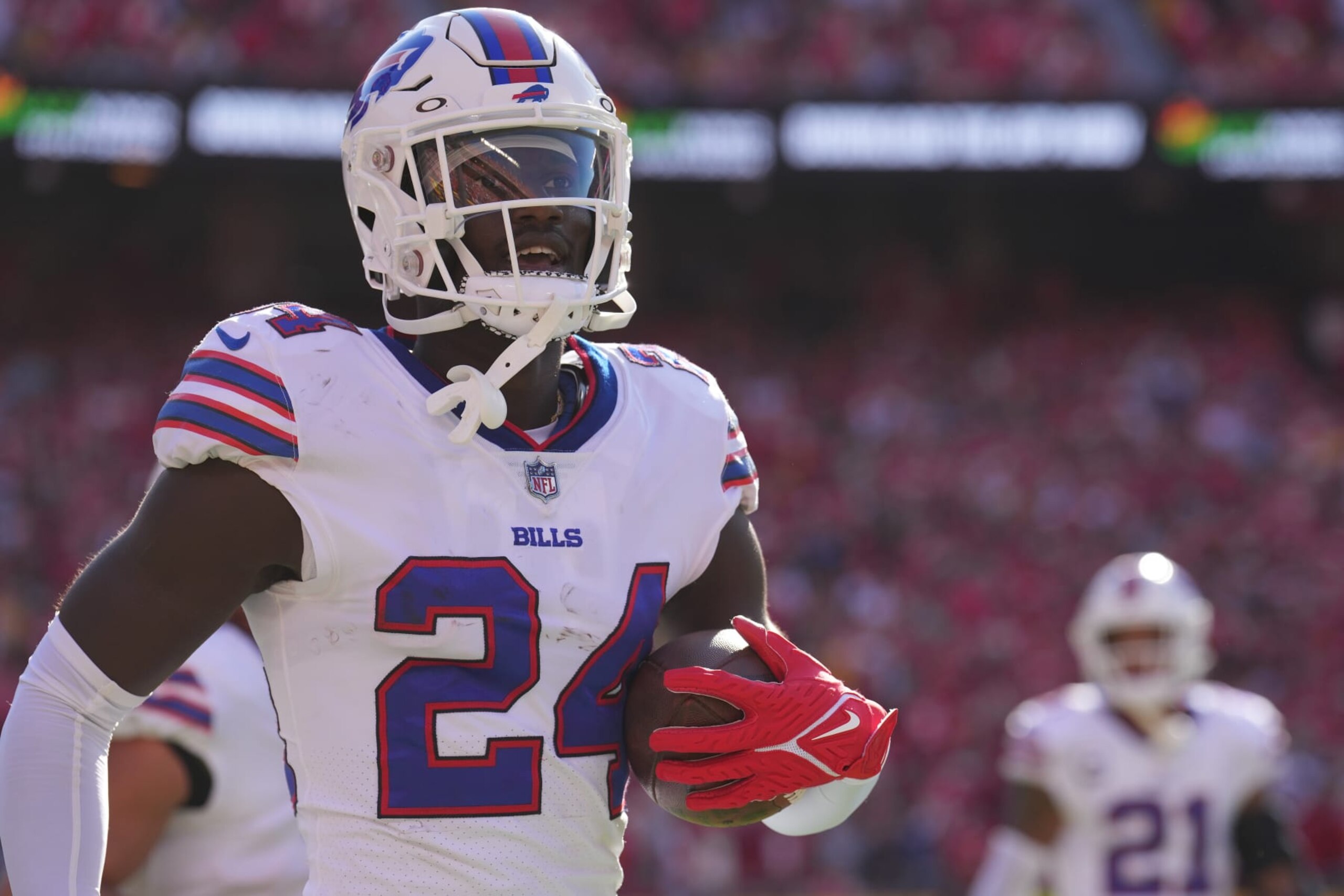 KANSAS CITY, MISSOURI - OCTOBER 16: Kaiir Elam #24 of the Buffalo Bills reacts after making an interception during the first half against the Kansas City Chiefs at Arrowhead Stadium on October 16, 2022 in Kansas City, Missouri. (Photo by Jason Hanna/Getty Images)
