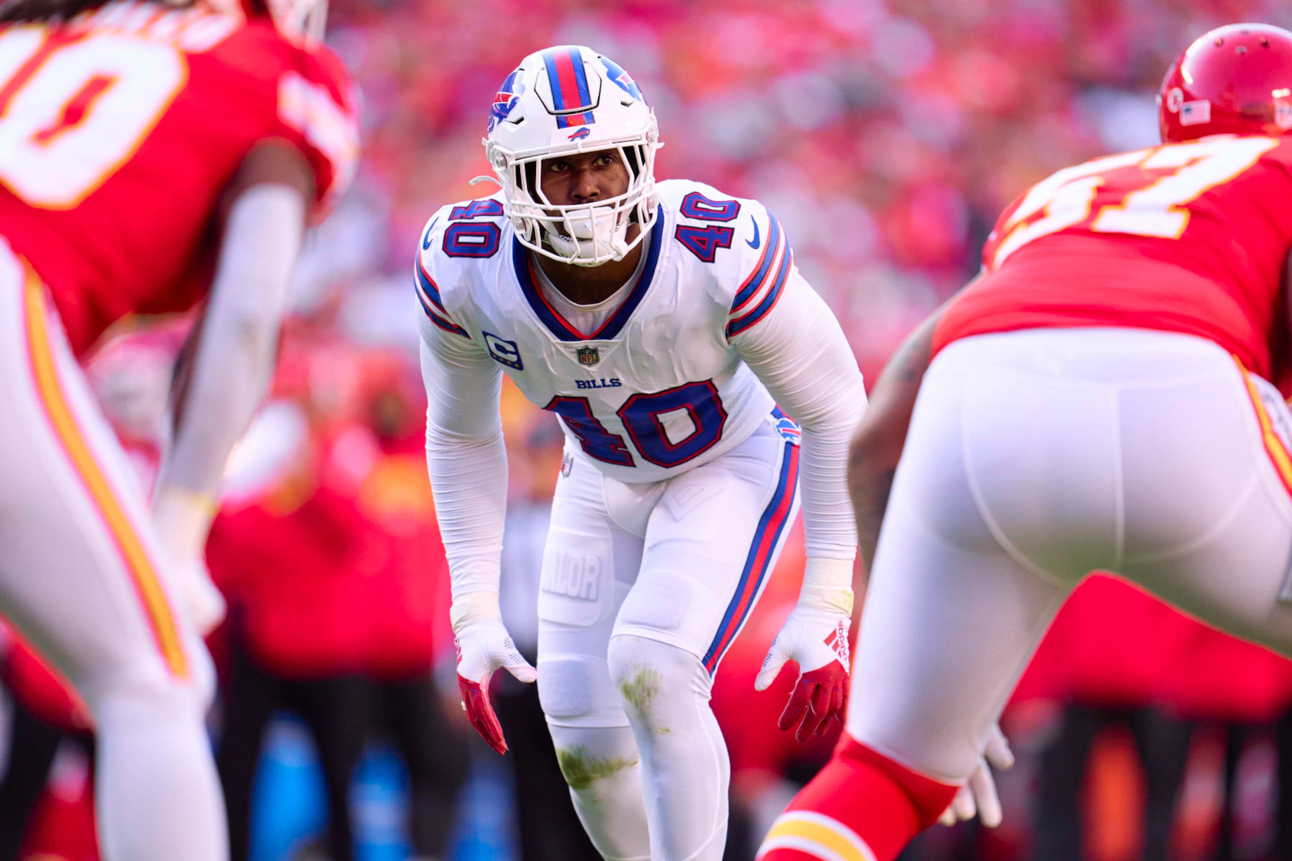 KANSAS CITY, MO - OCTOBER 16: Von Miller #40 of the Buffalo Bills lines up against the Kansas City Chiefs during the first half at GEHA Field at Arrowhead Stadium on October 16, 2022 in Kansas City, Missouri. (Photo by Cooper Neill/Getty Images)