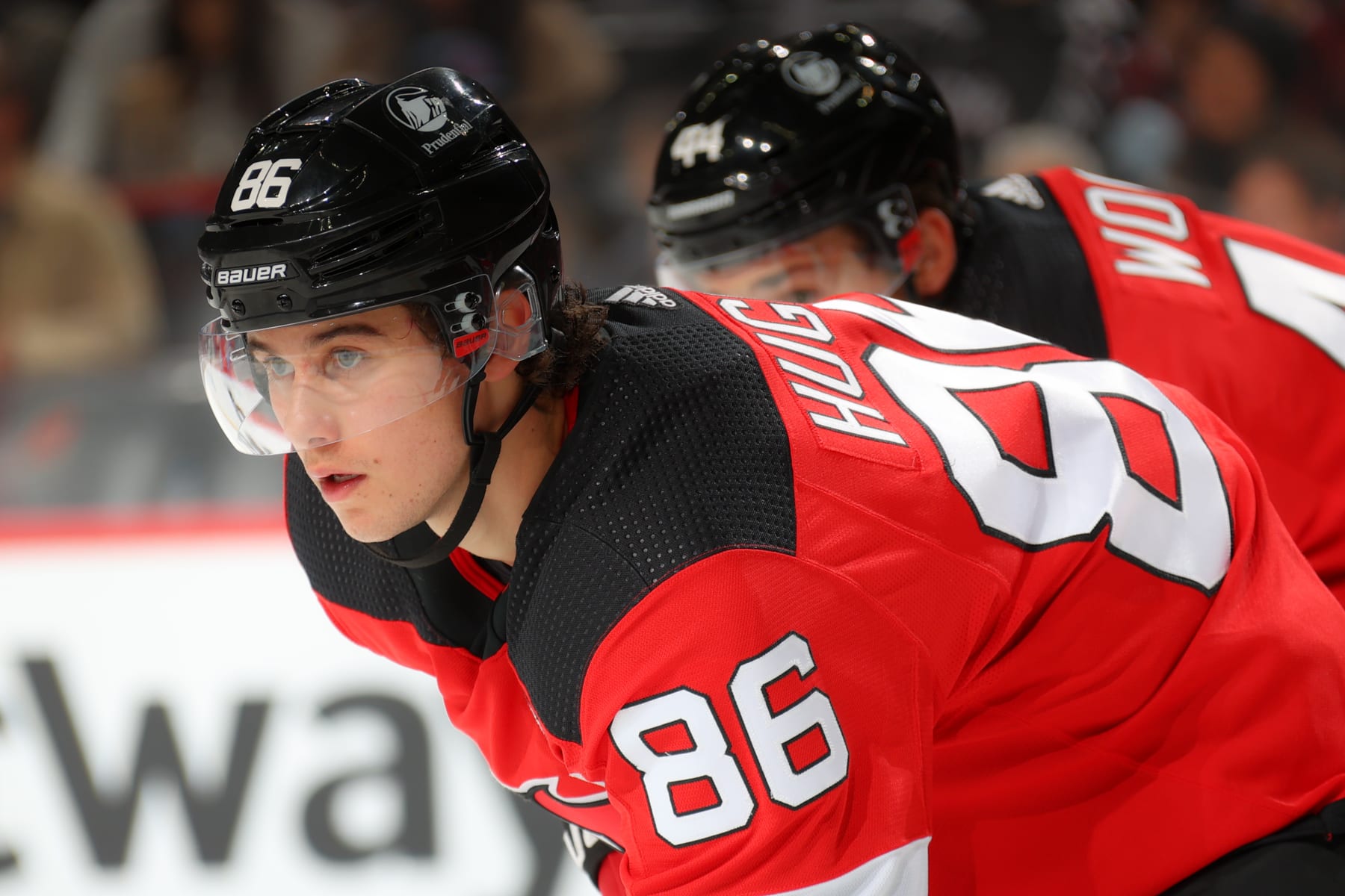 NEWARK, NJ - OCTOBER 03:  New Jersey Devils center Jack Hughes (86) against the Boston Bruins on October 3, 2022 at the Prudential Center in Newark, New Jersey.  (Photo by Rich Graessle/Getty Images)