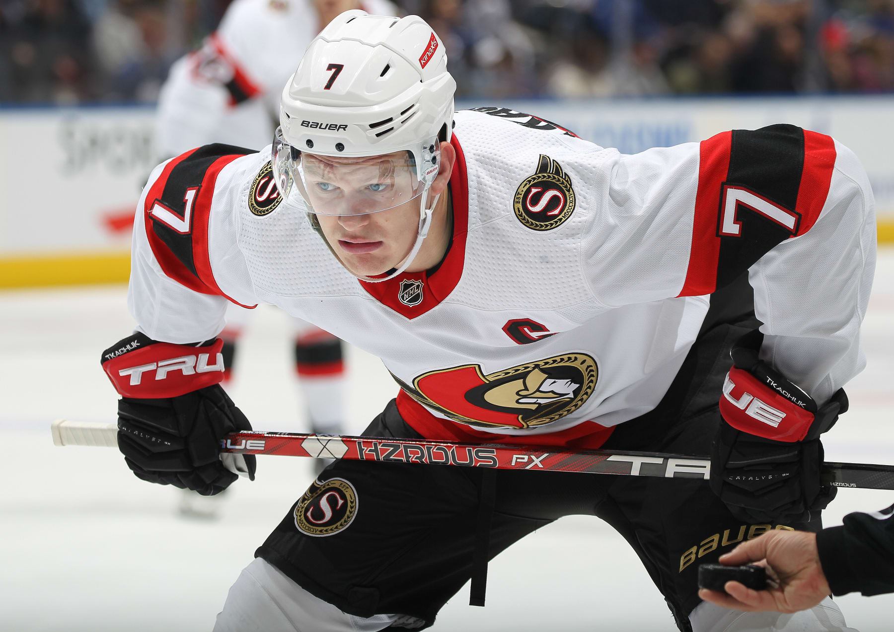 TORONTO, CANADA - OCTOBER 15:  Brady Tkachuk #7 of the Ottawa Senators gets set for a faceoff against the Toronto Maple Leafs during an NHL game at Scotiabank Arena on October 15, 2022 in Toronto, Ontario, Canada. The Maple Leafs defeated the Senators 3-2. (Photo by Claus Andersen/Getty Images)