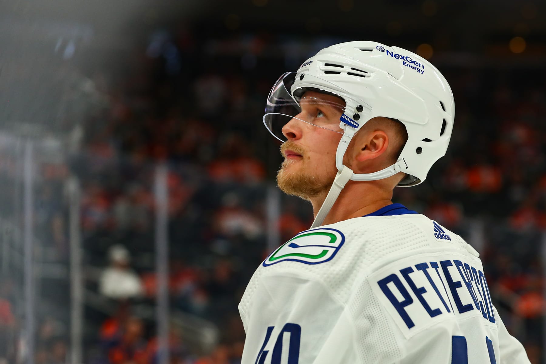 EDMONTON, AB - OCTOBER 12: Vancouver Canucks Center Elias Pettersson (40) looks at the crowd in warm up during the Edmonton Oilers game versus the Vancouver Canucks on October 12, 2022 at Rogers Place in Edmonton, AB. (Photo by Curtis Comeau/Icon Sportswire via Getty Images)