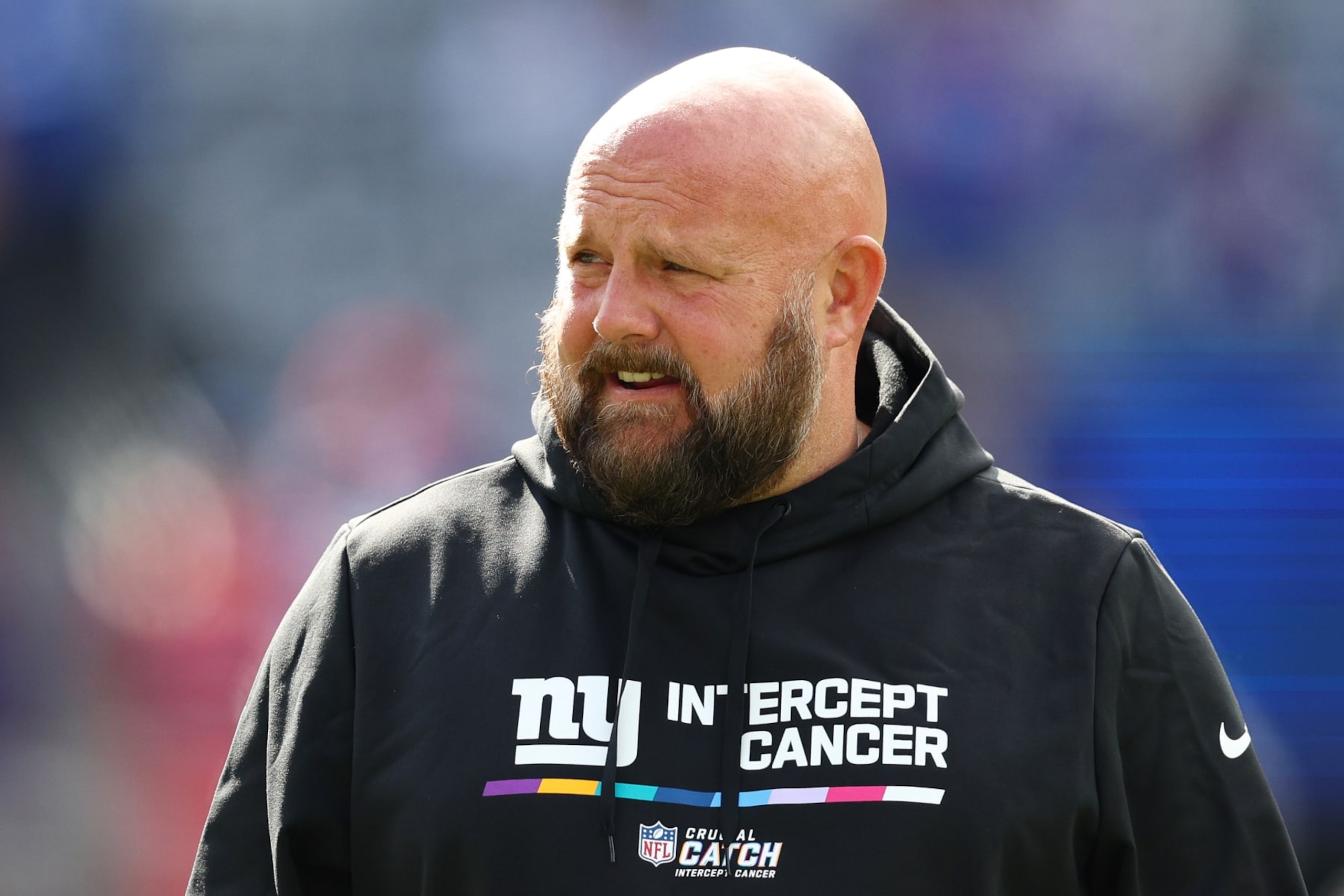 EAST RUTHERFORD, NEW JERSEY - OCTOBER 16: Head coach Brian Daboll of the New York Giants looks on prior to the game against the Baltimore Ravens at MetLife Stadium on October 16, 2022 in East Rutherford, New Jersey. (Photo by Elsa/Getty Images)